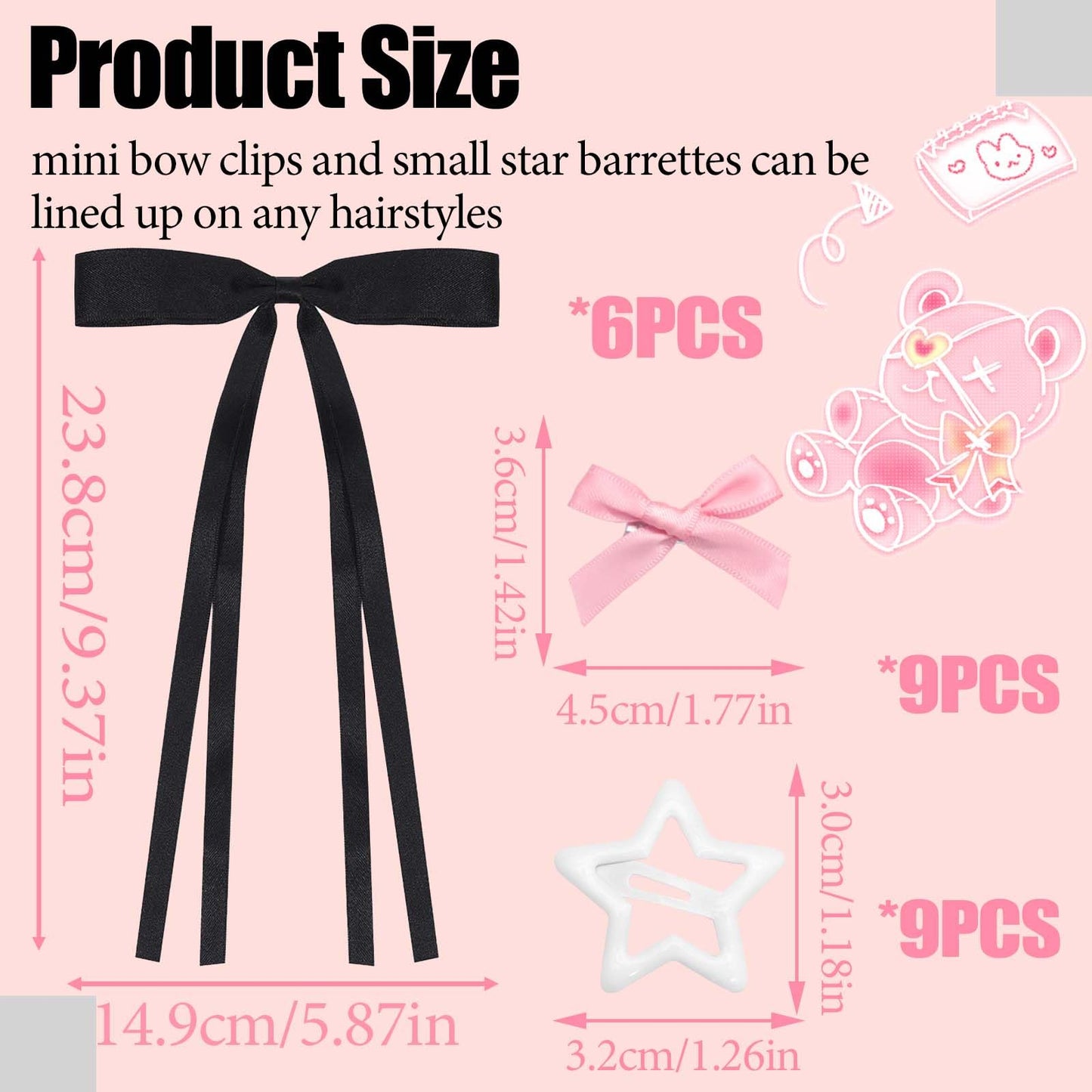 STGDAK 24Pcs Star Hair Clips Pink Bows for Hair Mini Bow Clip White Ribbon Bows Long Tail Cute Star Clip Coquette Y2k Valentines Day Accessories Kawaii Bow Ribbons For Women Girls Valentines Gift