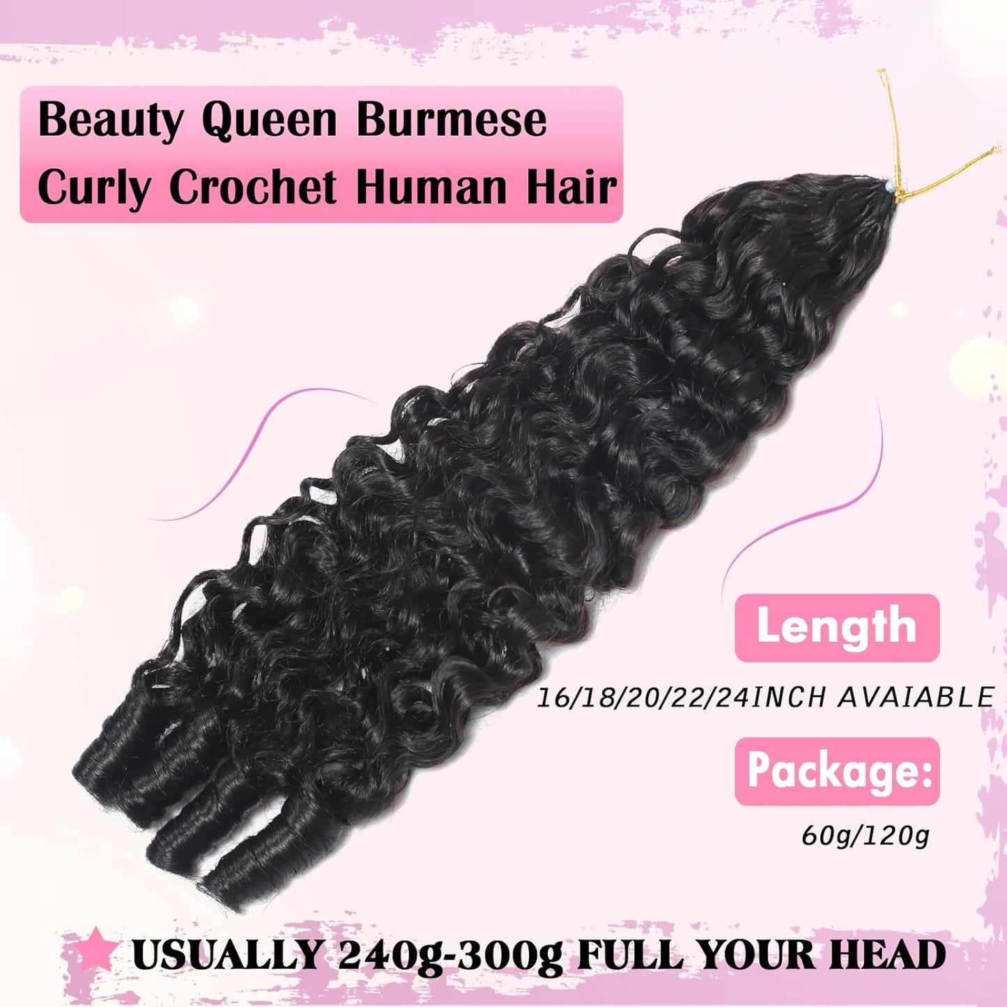 Burmese Curly Crochet Hair Extensions - 20 Inch, 120g, Knotless, Lightweight Remy Hair in Natural Black