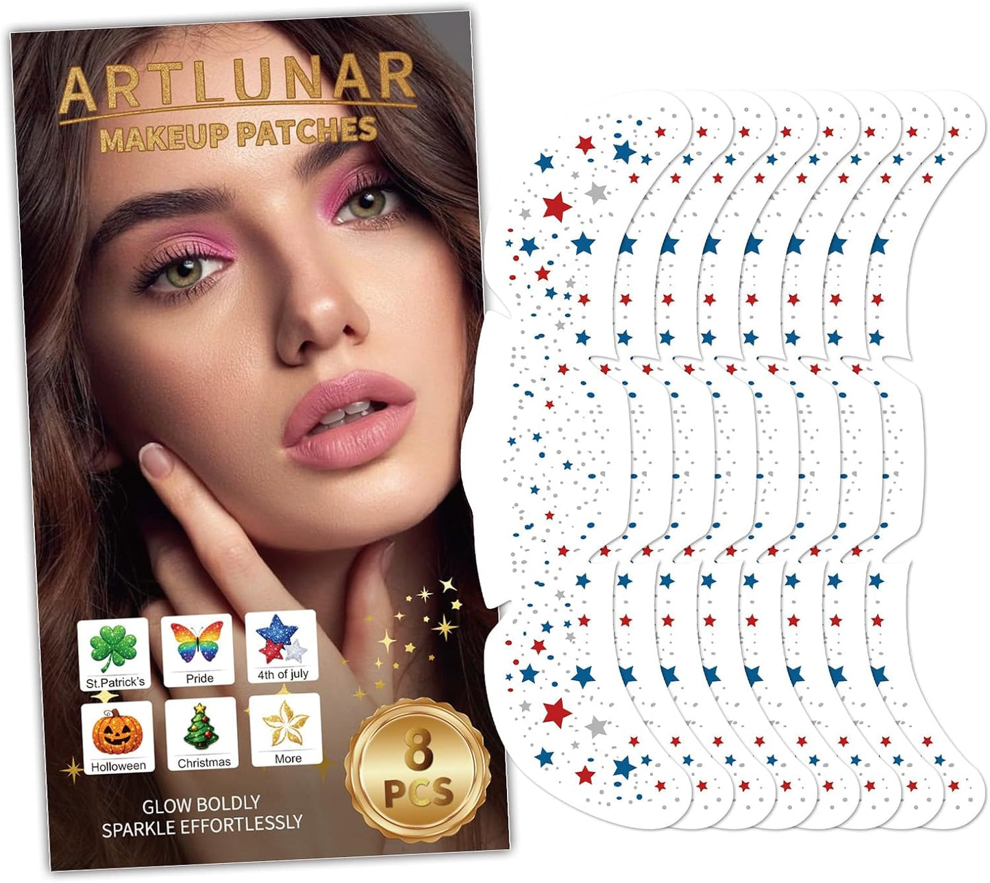 Artlunar 8 Pcs Red White Blue Star Freckle Stickers - Glitter Face Makeup for 4th of July | Patriotic Accessories for Women & Kids