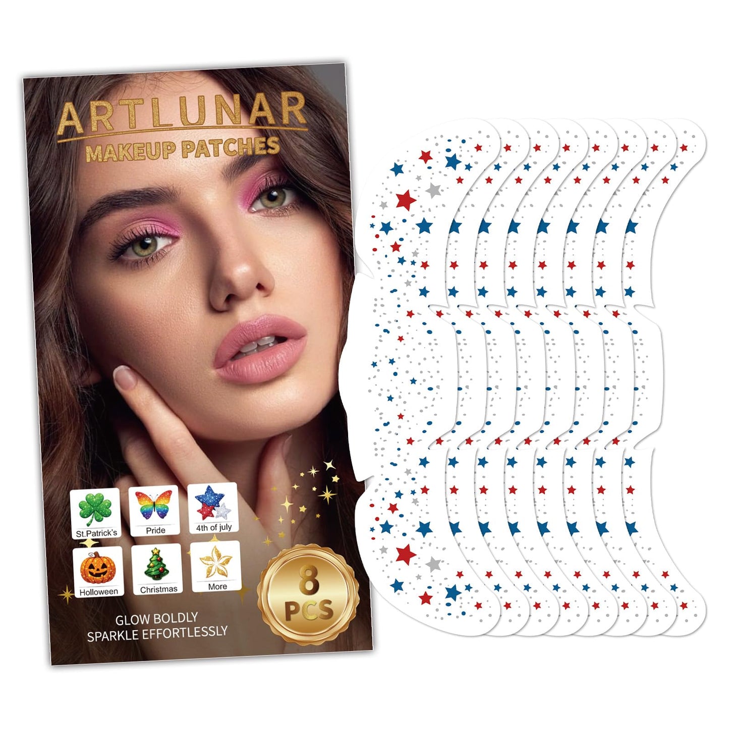 Artlunar 8 Pcs Red White Blue Star Freckle Stickers with Silver Glitter Powder for Face, 4th of July Glitter Face Stickers for Women Kids, Patriotic Independence Day Makeup Accessories
