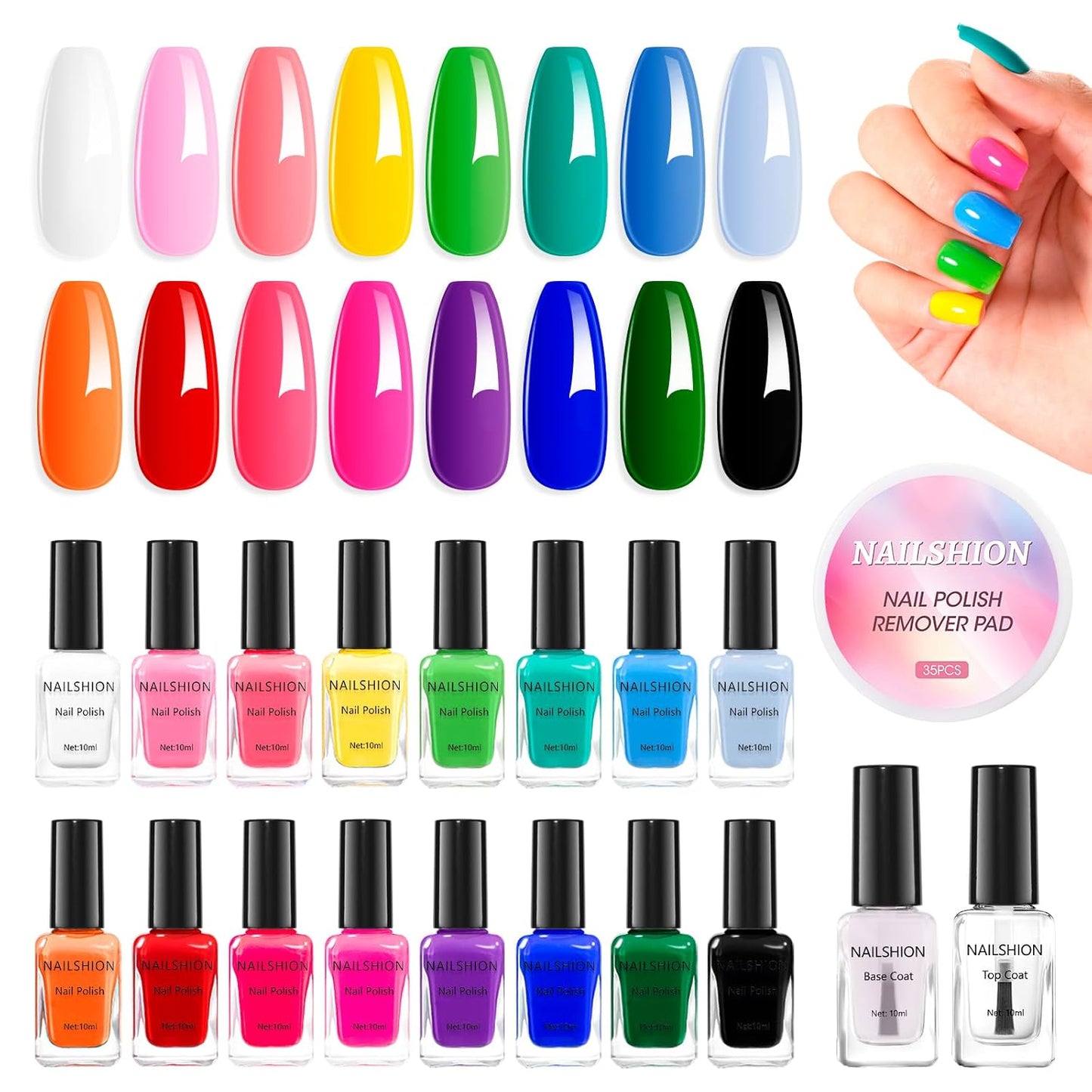 Rainbow Nail Polish Set - 10ml, 16 Colors | Air Dry, Base & Top Coat, Remover Pads for Nail Art Lovers