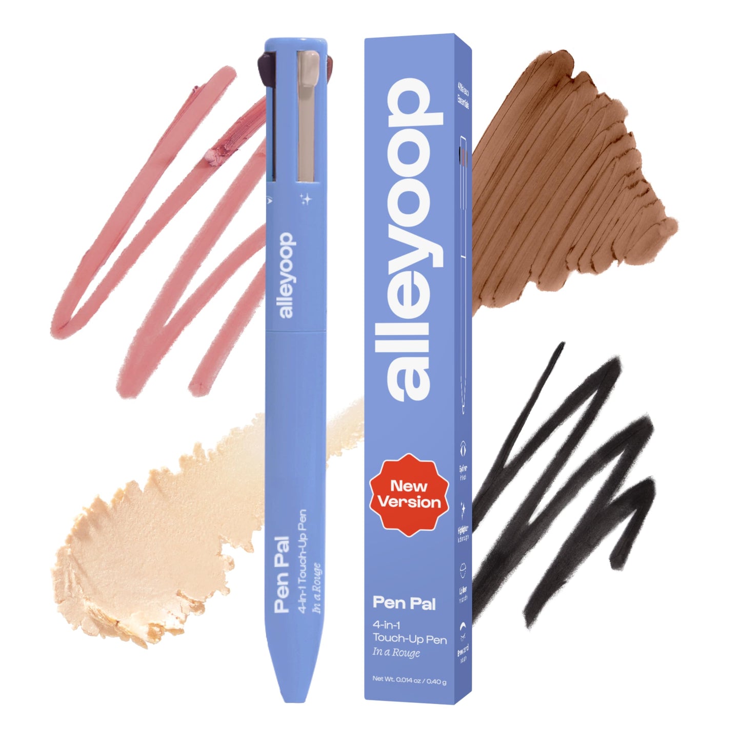 Alleyoop Pen Pal 4 in 1 Makeup Pen – All-in-One Eyeliner, Lip Liner, Highlighter & Concealer Pencil, Eyebrow Pencil for Women, Compact Travel Makeup Easy Touch-Ups On the Go,Vegan (In A Rouge - Light)