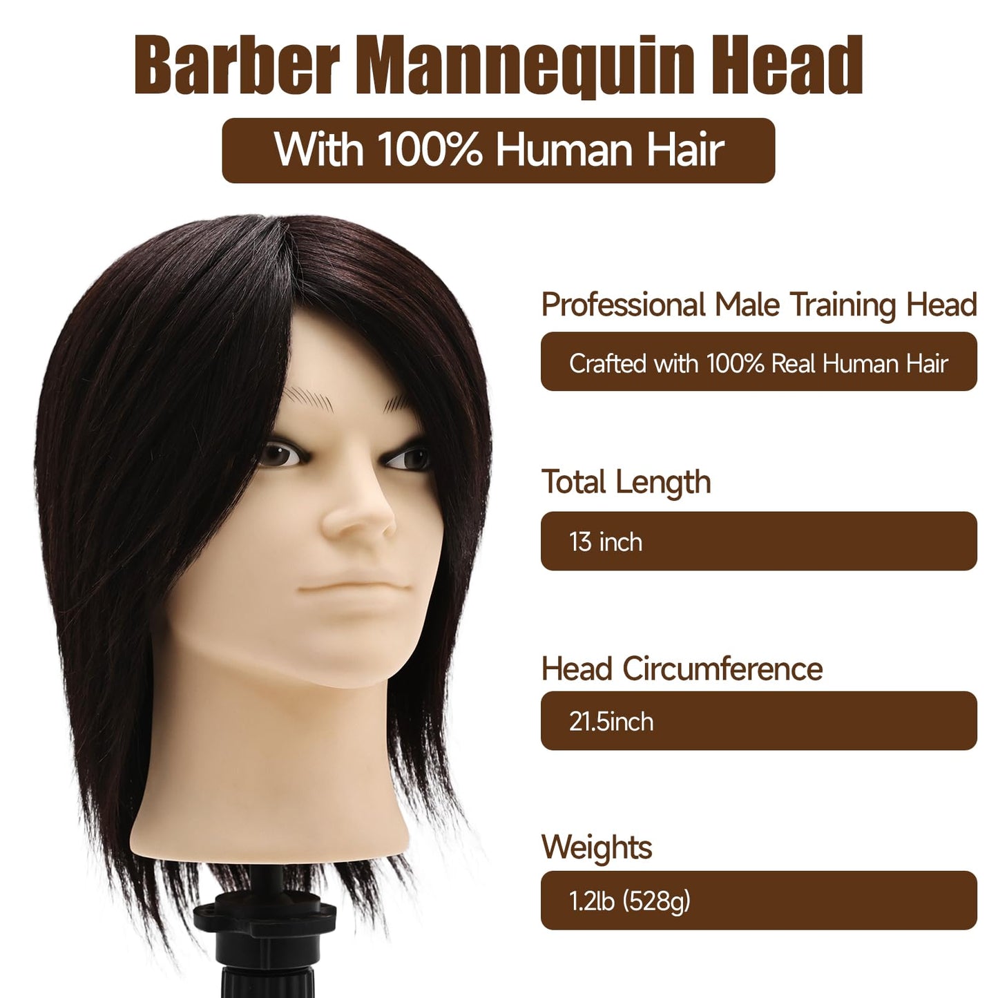 Male Mannequin Head, 8" Barber Mannequin Head, 100% Real Black Hair Head with Table Clamp, Professional Cosmetology Hairdresser Training Doll Manikin Head for Practicing Hair Cutting and Styling