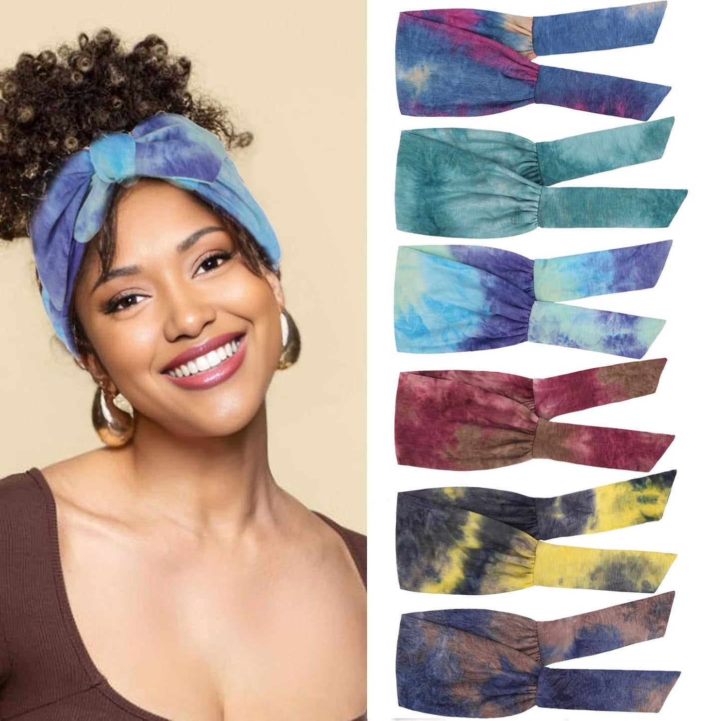 Adjustable Boho Headbands for Women - 6 Elastic Knotted Hair Accessories | Fashionable Wide Yoga Workout Bands