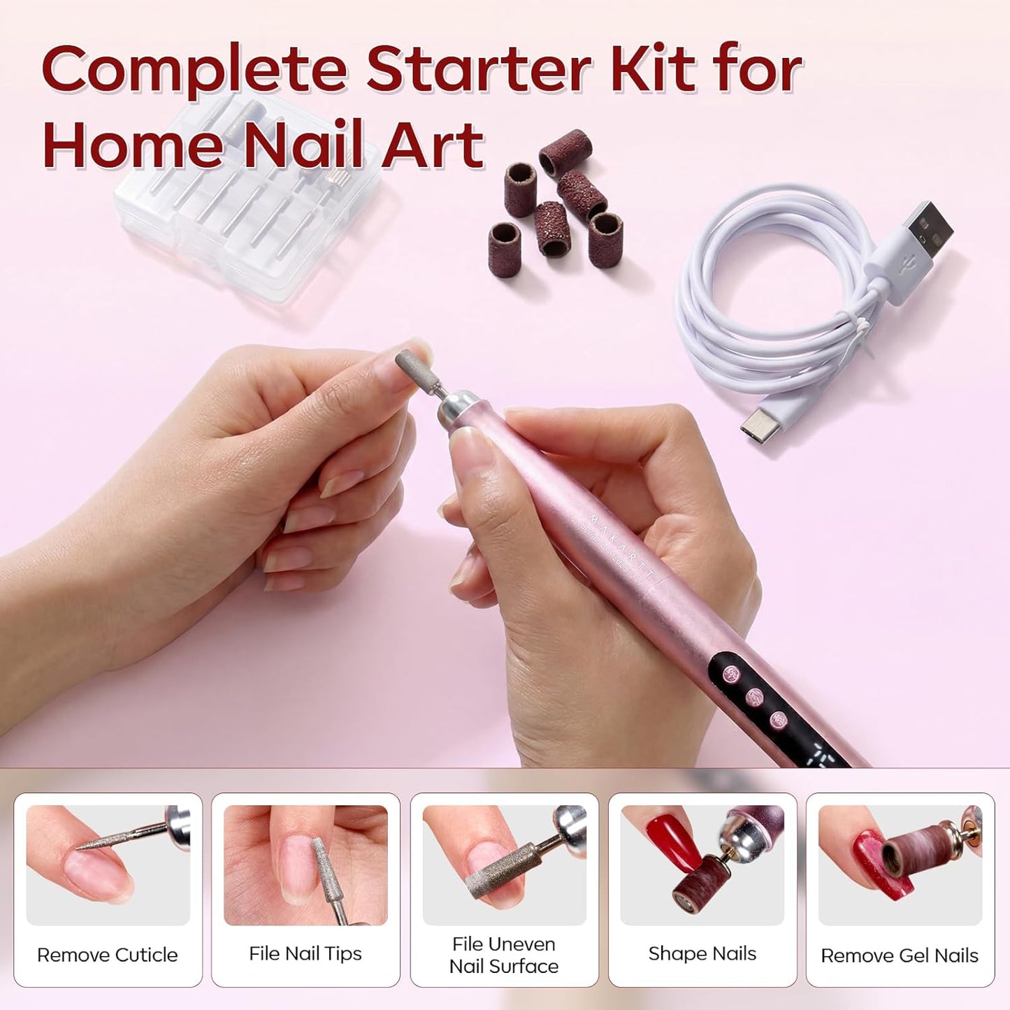 Rechargeable Nail Drill - 25,000 RPM Cordless Electric File | Lightweight E-File Kit for Gel Polish Removal (Pink)