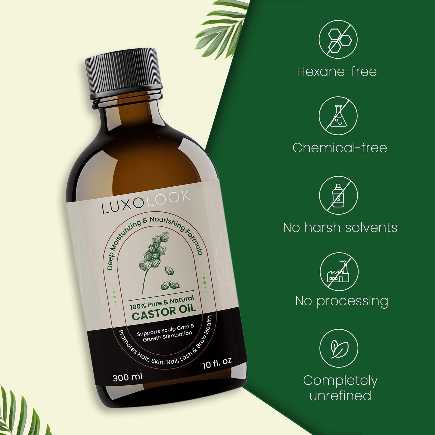 Pure Castor Oil (10oz) - Cold Pressed 100% Castor Oil for Hair Growth, Skin, Eyebrows, Eye Lashes, Nails & Cuticles - Hexane Free, Natural & Unrefined - Includes Dual Mascara, Dropper & LuxoLook
