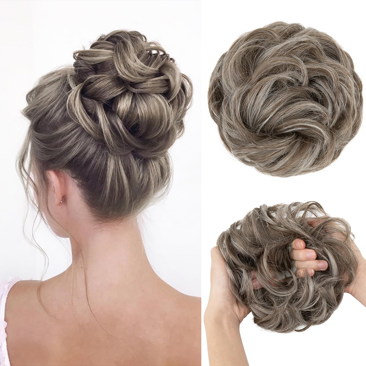 Large Messy Bun Hair Piece - Wavy Curly Synthetic Chignon Ponytail Extensions | Thick Updo in Light Auburn