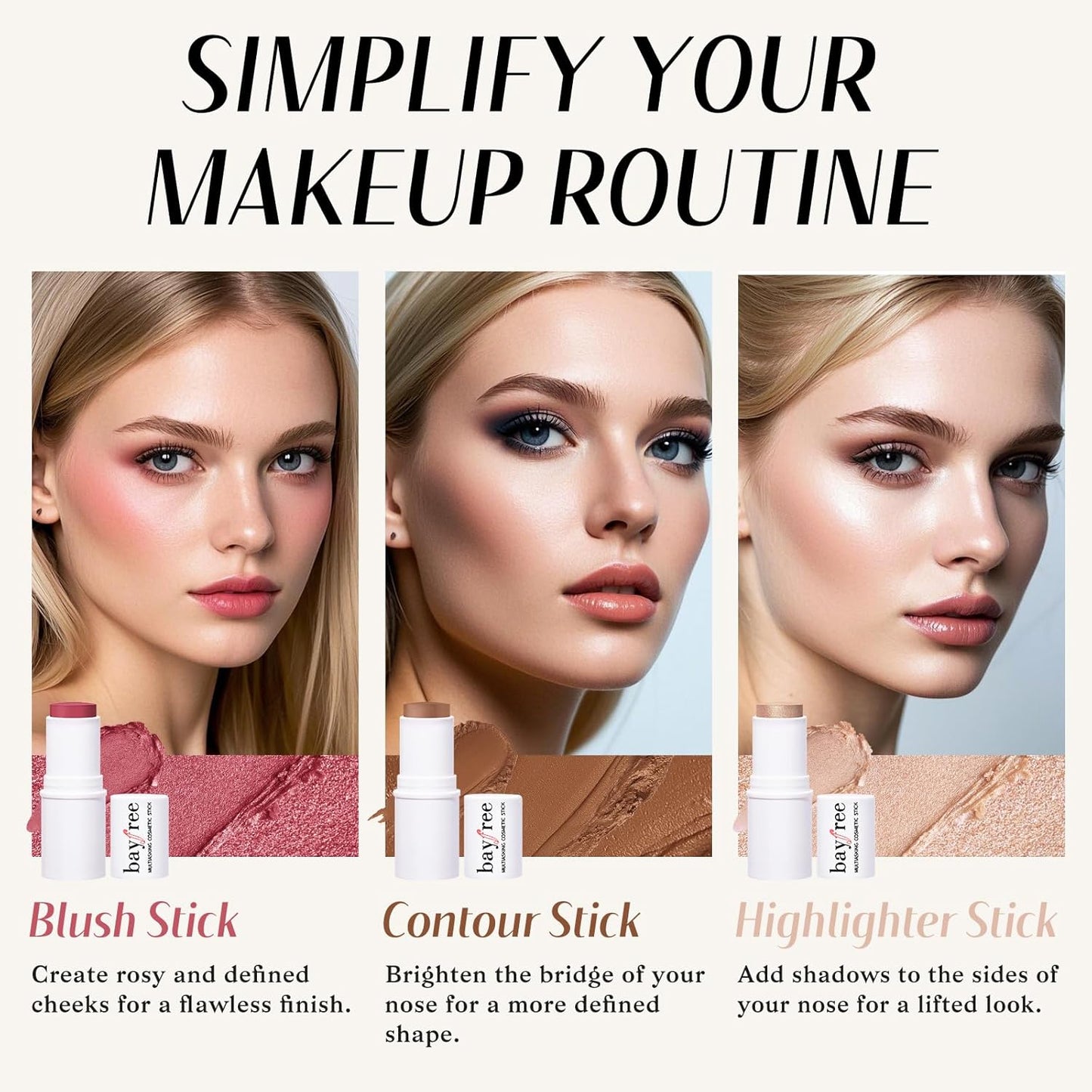 KIMUSE Cream Blush, Highlighter & Contour Stick Trio - Long-Lasting Face Makeup Set with Brush