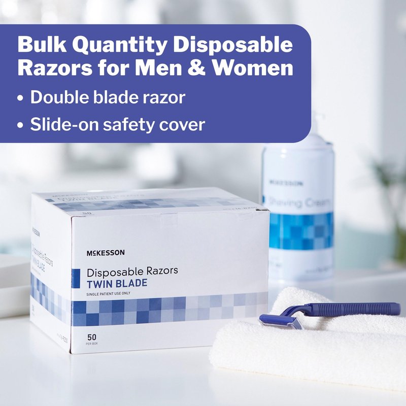 McKesson Disposable Razors [50 Count] – Twin Blade Bulk Shaving Razors for Men & Women, Stainless Steel, Blue, Single-Use for Medical Clinics, Tattoo, Travel, Camping & Salon Care