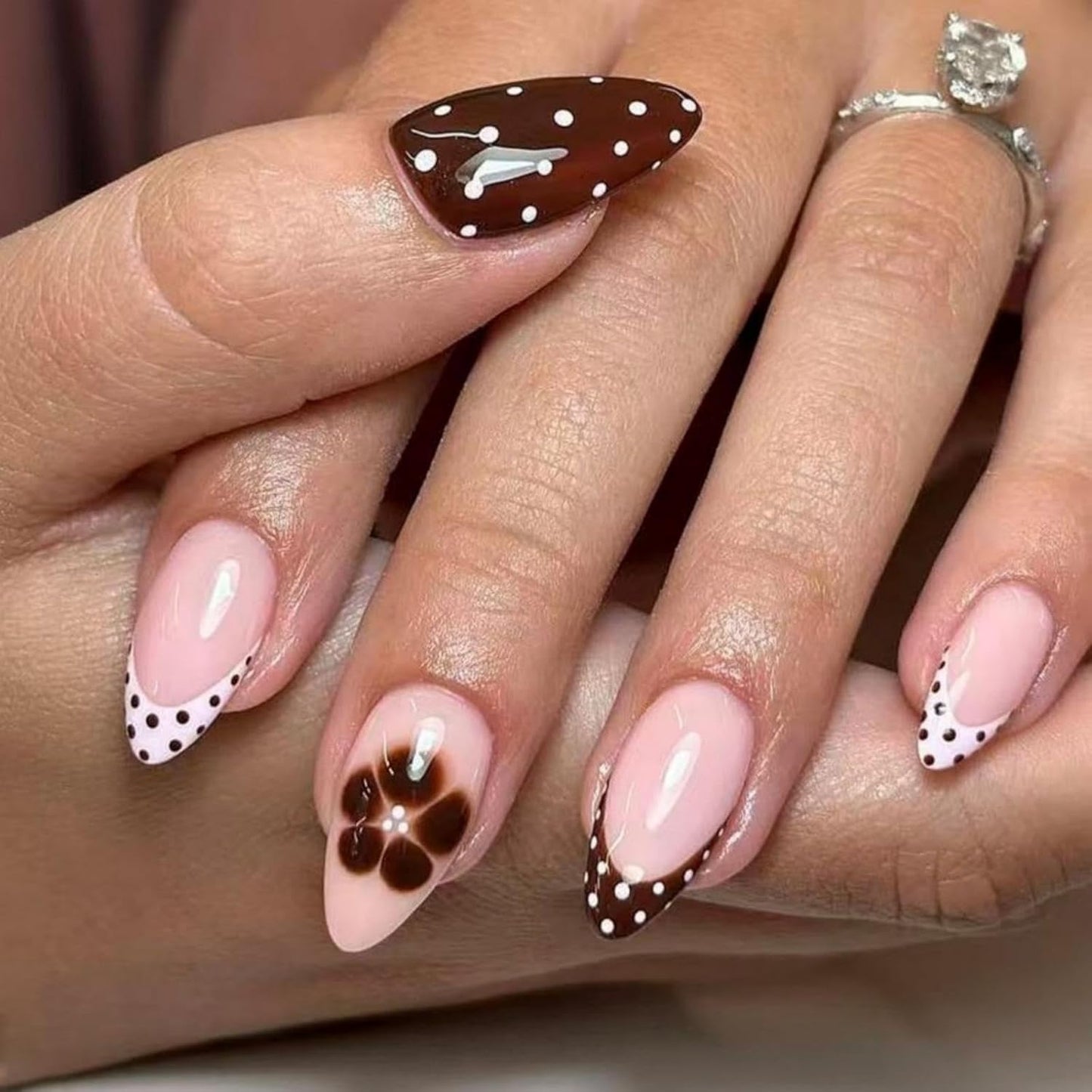 Flower Nail Press Ons - French Tip 3D Floral Butterfly Acrylic Nails | Glossy Pink Medium Almond Full Cover - 24 Pcs