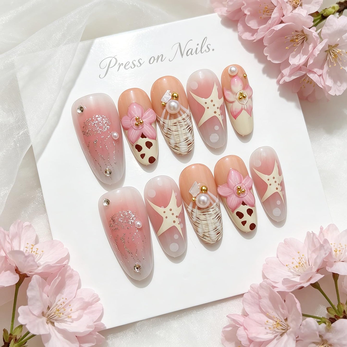 30 Pcs Summer Press on Nails Beach Fake Nails with Cute Flower Ocean Jellyfish Starfish Pattern Design Pearl Full Cover Almond False Nails Reusable for Women Summer Beach DIY Manicure Decoration