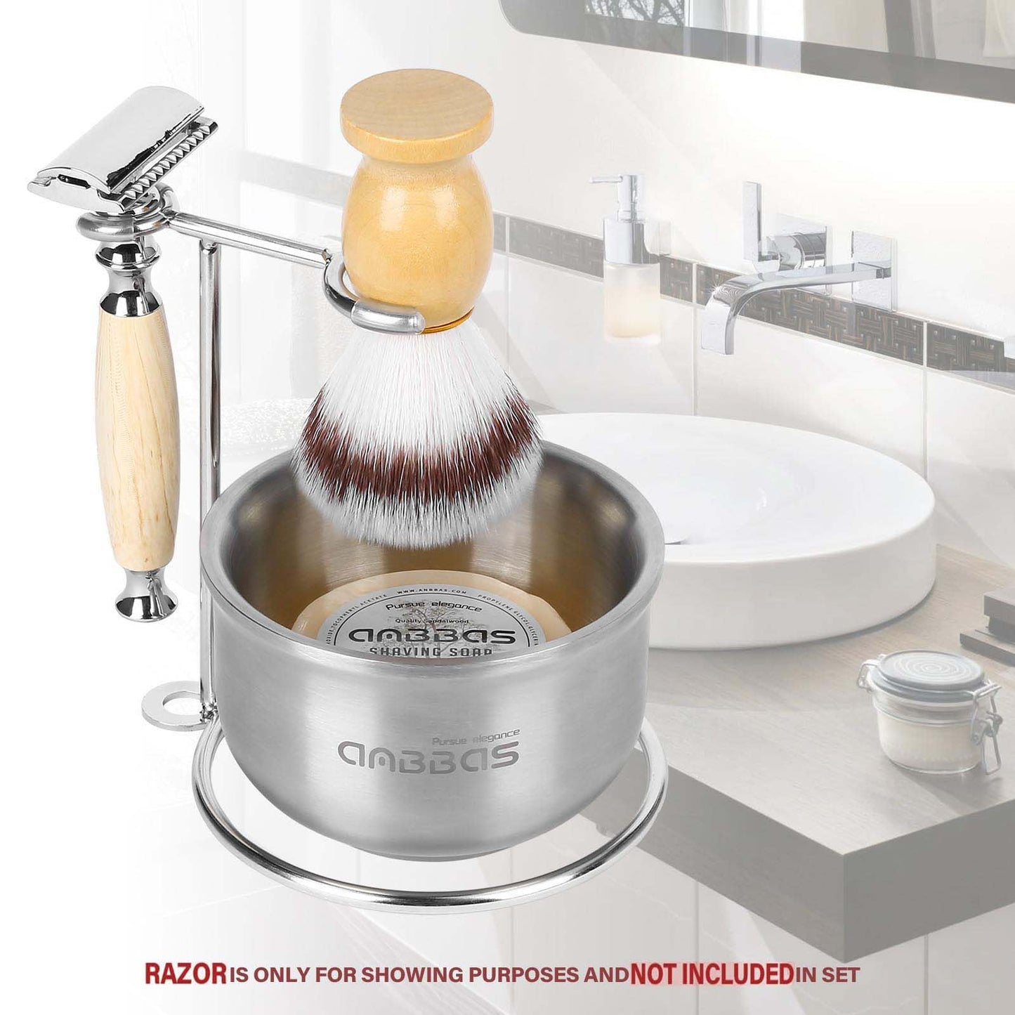 Anbbas Faux Badger Shaving Brush,Stainless Steel Shaving Razor and Brush Stand, Shaving Bowl and 100g Natural Soap Puck Refill,4in1 Wet Shave Kit for Men