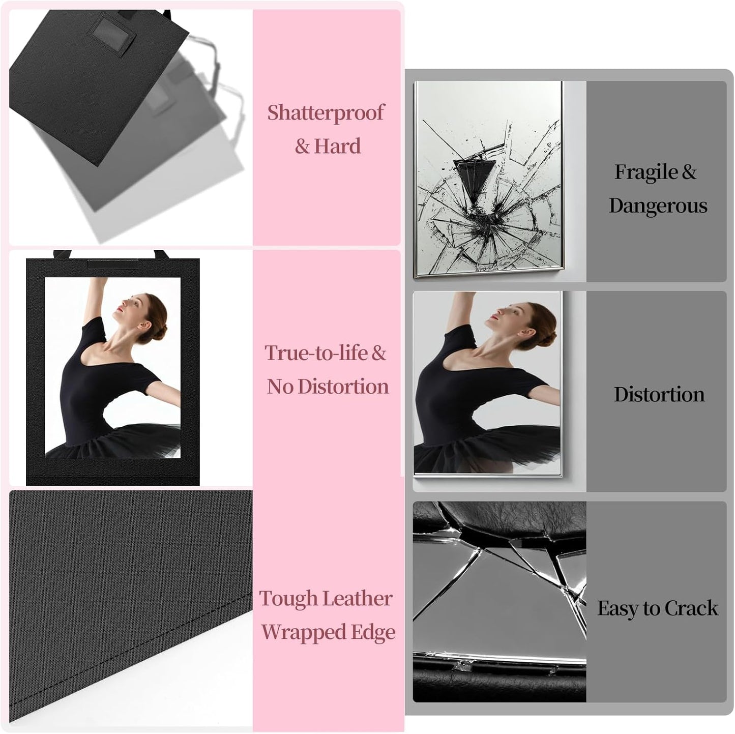 Foldable Portable Full Length Mirror - Shatter-Proof Acrylic for Dancers & Travelers | 33x13 Inch, Black