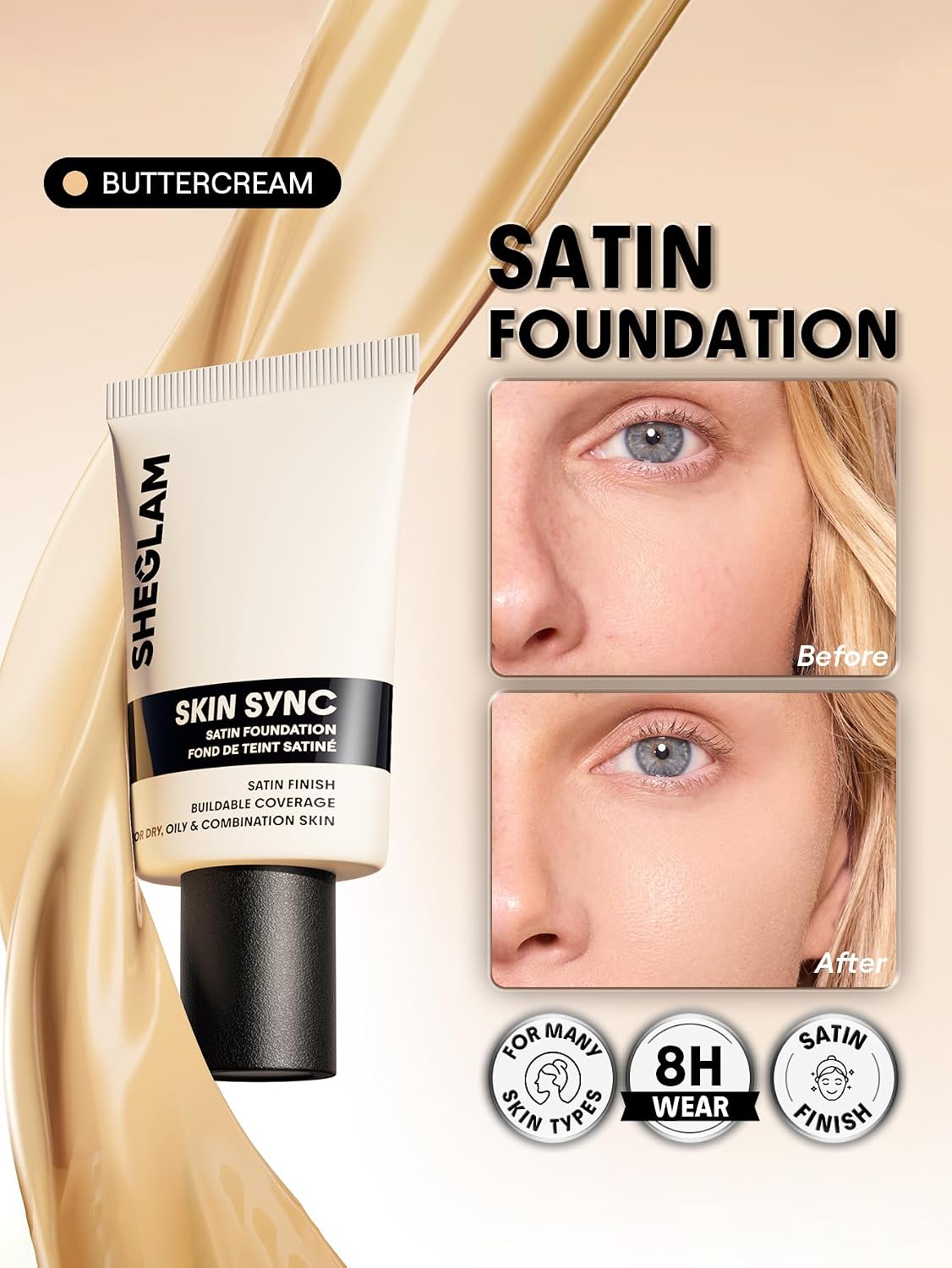 Satin Foundation - Skin Sync Formula for Flawless Finish | Buttercream Shade