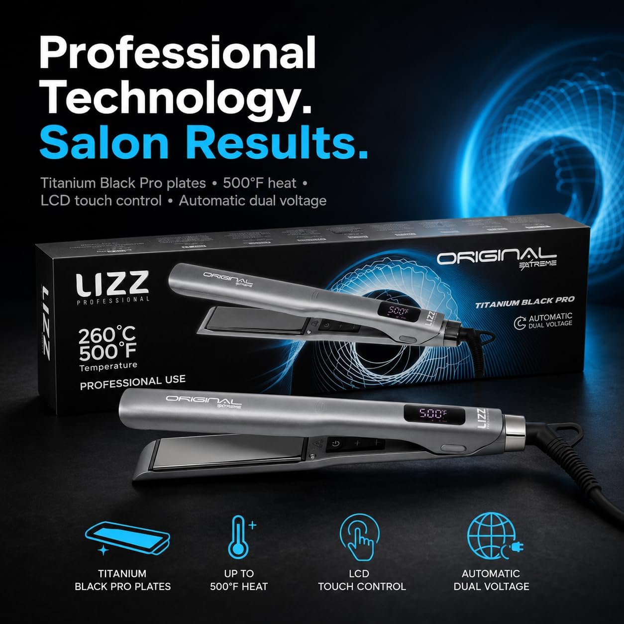 Professional Hair Straightener - Titanium Black Plates, LCD Display, 500°F, Anti-Frizz, Dual Voltage
