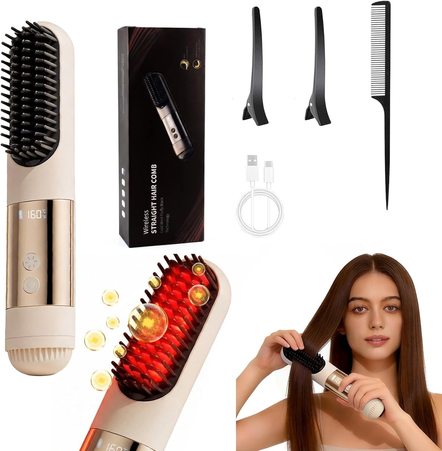 Go Brush Pro Cordless Hair Straightener Brush - 3 Temperature Settings, Fast 30s Heat | Portable Travel Size, Cool Air Feature (Beige)