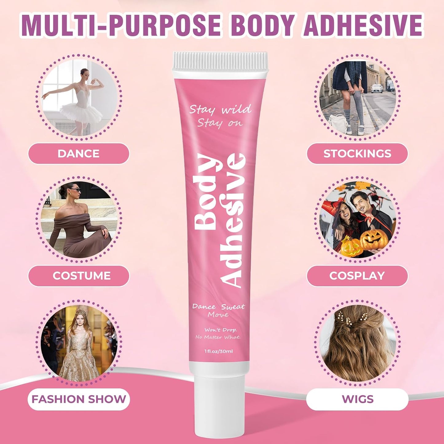 Body Adhesive Glue for Clothes & Skin - Fabric-Safe, Sweat-Resistant & Washable | Ideal for Dancers, Costumes, Wigs