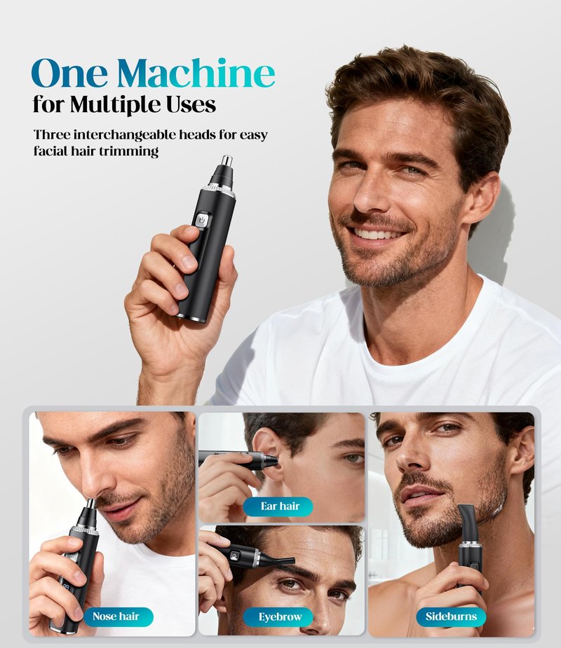 Apetexo Nose & Ear Hair Trimmer, Type-C Rechargeable Precision Groomer for Men & Women, Painless Double-Edged Blades, IPX7 Waterproof & Easy to Clean for Nose, Ears, and Facial Hair