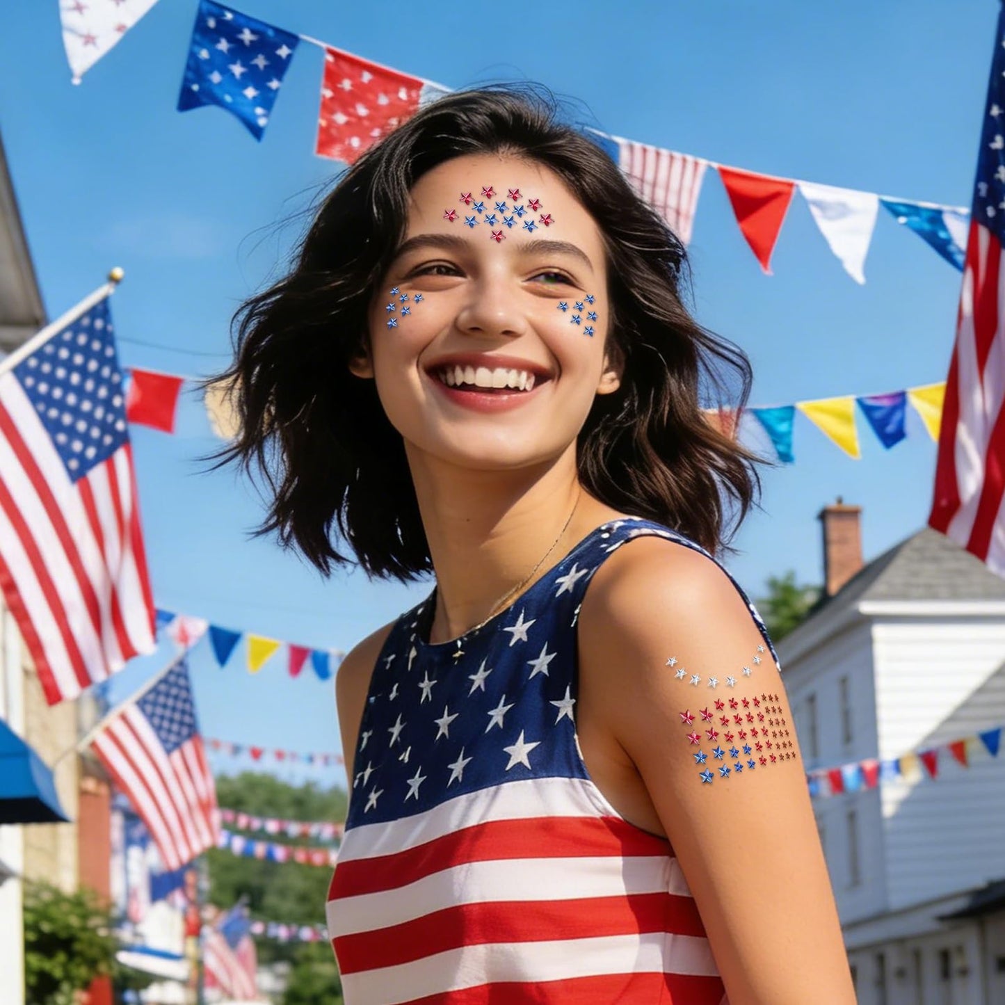 Patriotic Star Rhinestone Face Stickers Set - 6 Sheets Red White Blue 3D Self-Adhesive Stars, Multi-sized Bling Gem Stickers for 4th of July, Independence Day Party, Nail Art, Face Decor, DIY Crafts