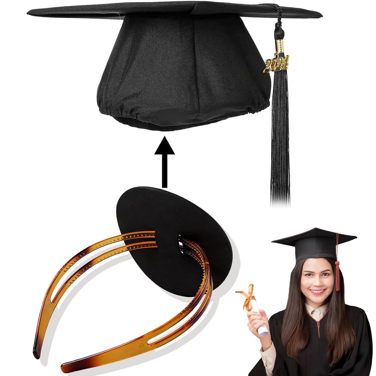 Graduation Cap Headband - Firm Brown Anti-Fall Hairband with Adhesive Felt | Adjustable Round Grad Hat Accessory