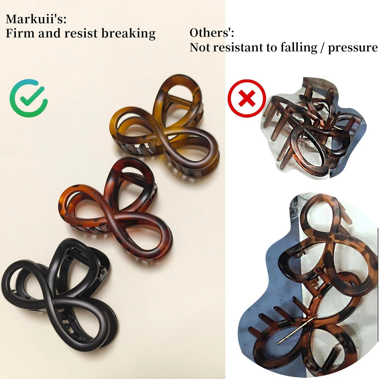 Markuii 3.3 Inch Hair Claw Clips, Unbreakable No Slip Matte Neutral Claw Clip for Women's Thin & Medium Thick Fine Hair, 3 Pack