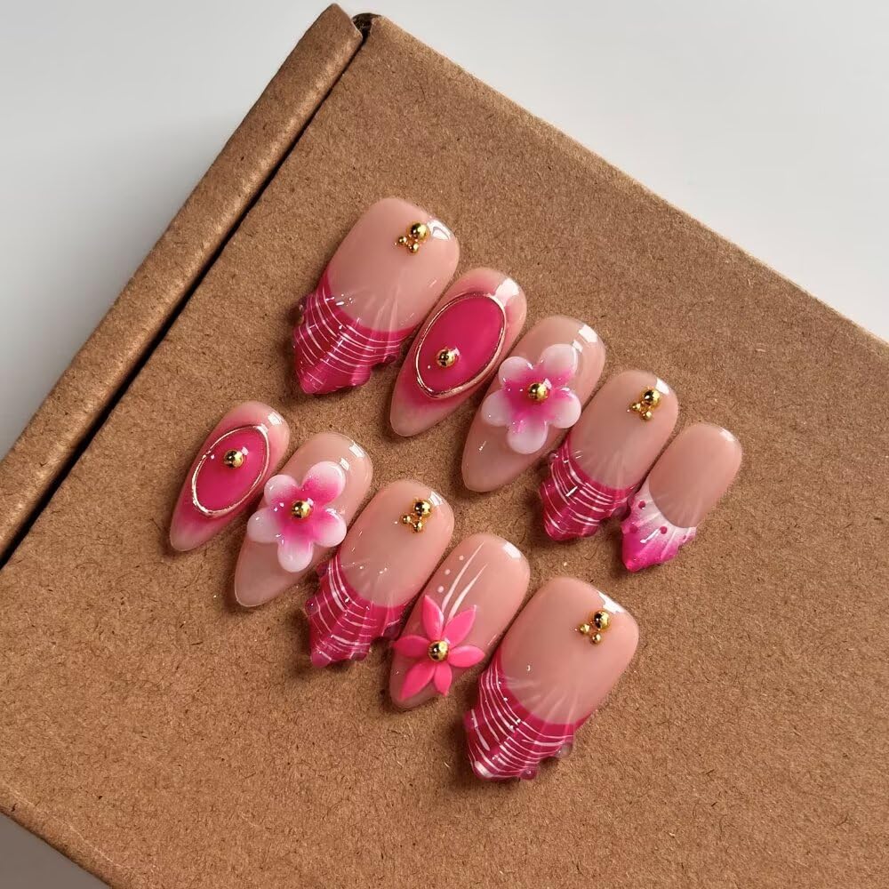 Press On Almond Nails - Handmade 3D Design, Thick Acrylic Gel | Reusable DIY Artificial Nails for Women (10 Pieces)