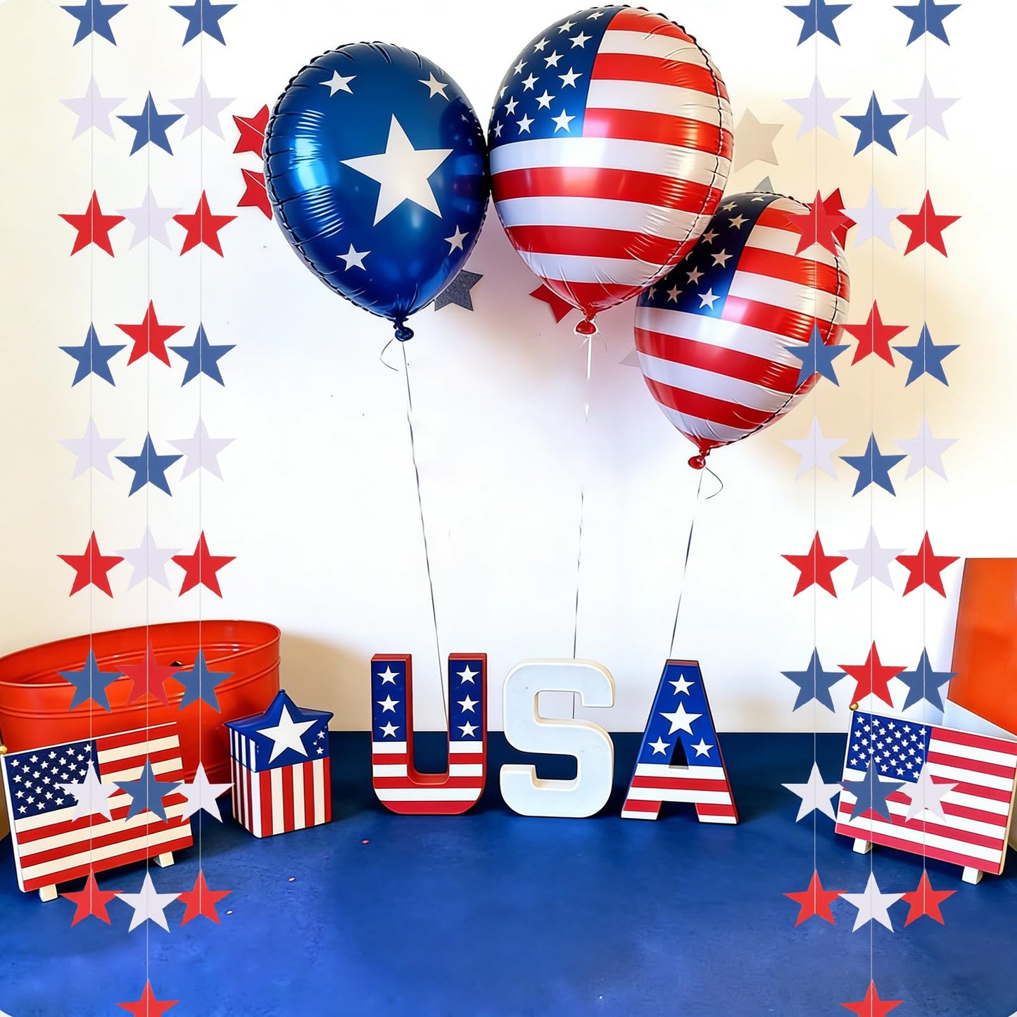 BRIOYHA 105ft Red White Blue Paper Star Garland, 8 Strands Double Side Twinkle Stars for 4th of July Independence Day Patriotic Memorial Day Party Decorations