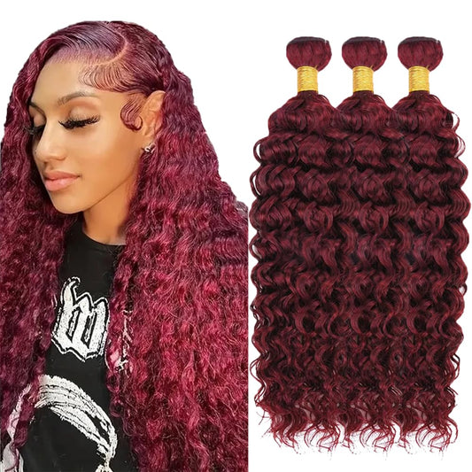 #99J Burgundy Human Hair Bundles Water Wave Bundles 20 20 20 Inch Wine Red Unprocessed Brazilian Virgin Hair 3 Bundle 50 Gram Per Bundle Deals Quick Weave Hair Extensions