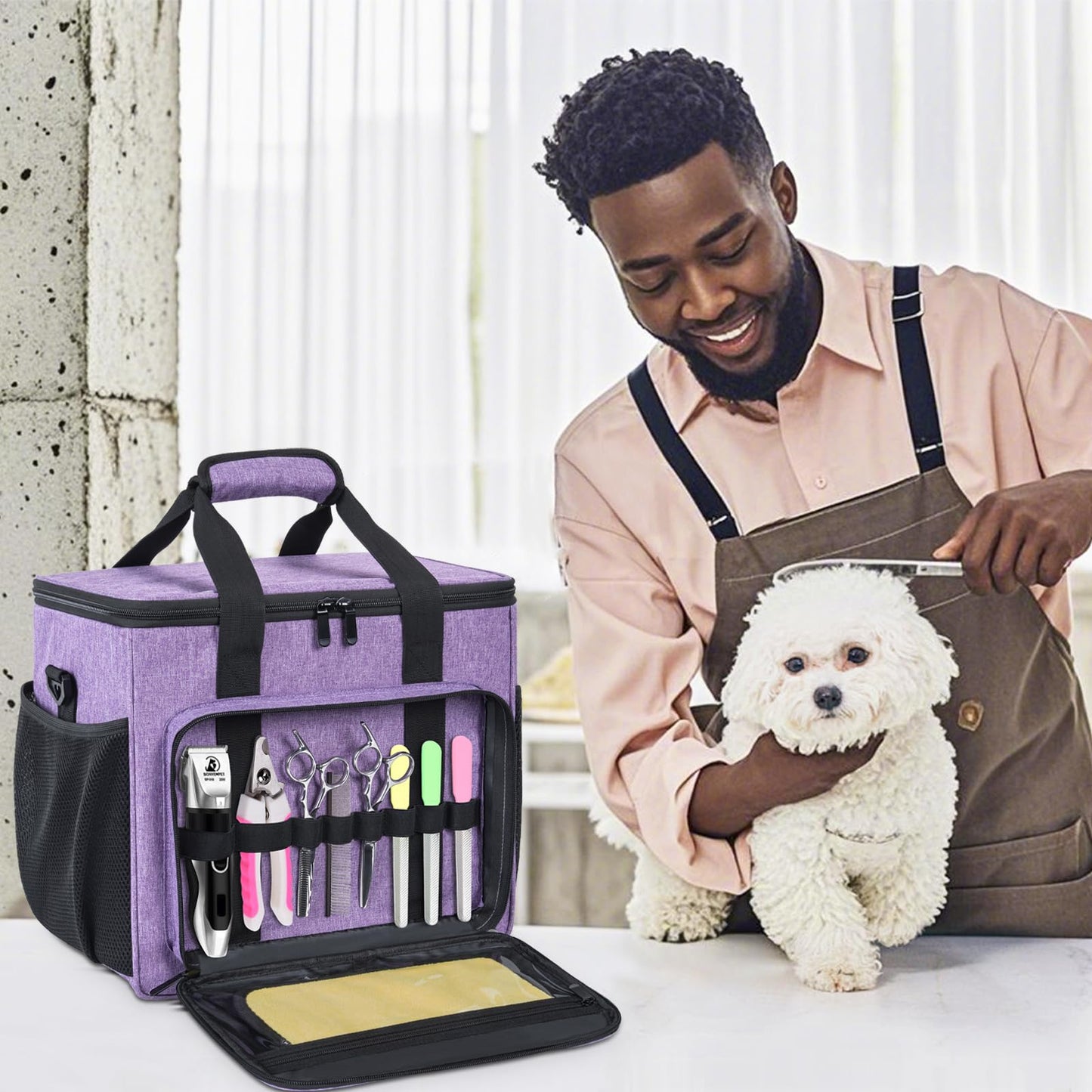 GMAK Pet Grooming Bag, Dog Grooming Tote Bags Supplies Organizer Case Pets Tools Organizer Tote for Dog Cat Grooming Tool Kit and Accessories, Purple(Bag Only)