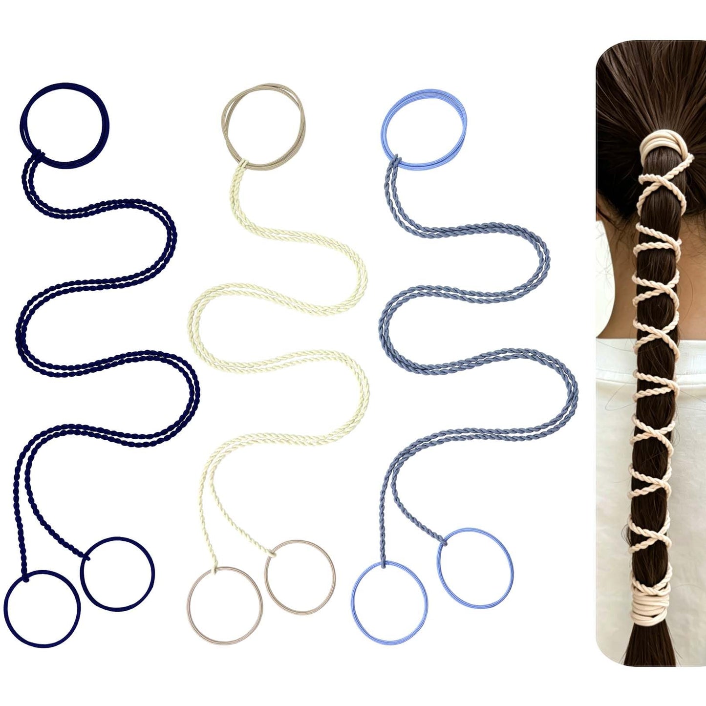 Hair Ties No Damage for Women with 2 Braids, 25" 3 Packs Elastic Ponytail Holders for Thick & Long Hair Cute Sport Pony Tail Wrap Tie Accessories for Running,Workout,Swim,Dive(Blue/Beige/Navy Blue)