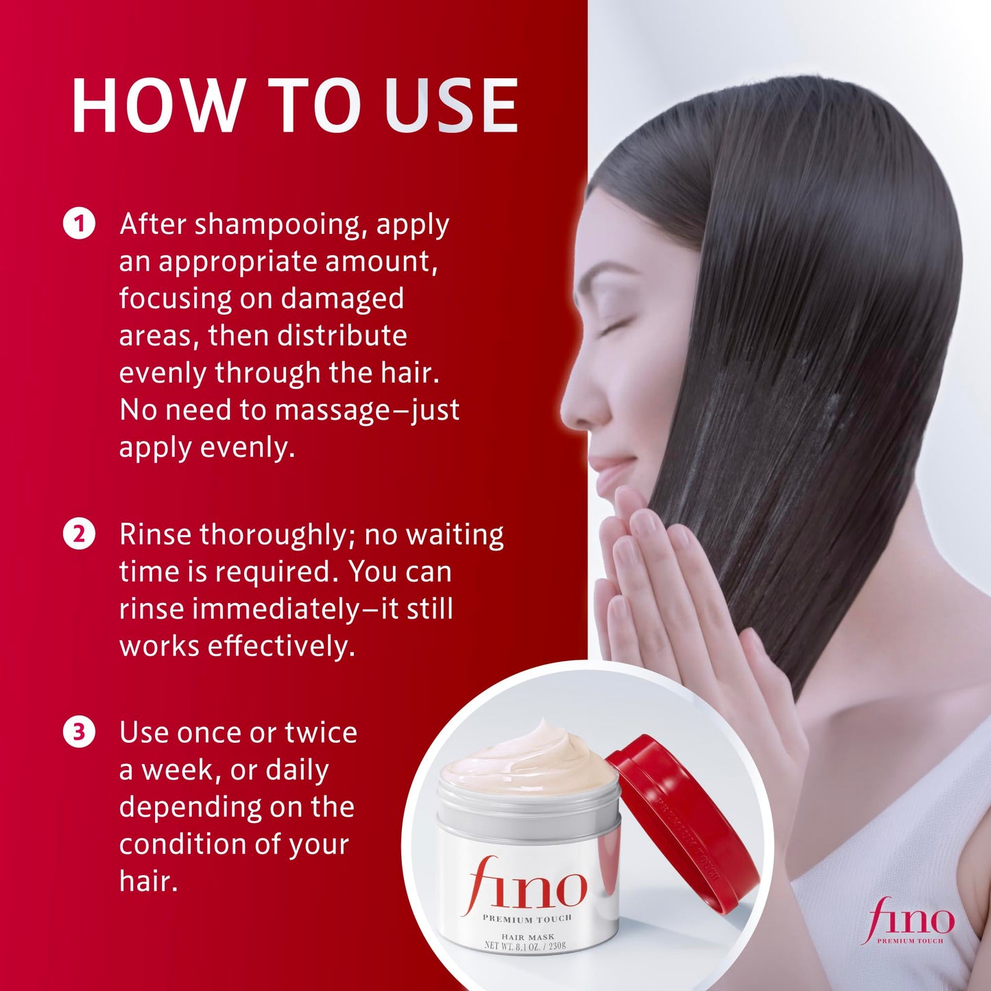 Fino Premium Touch Hair Mask, Deep Repair Japanese Hair Treatment with 8 Serum Ingredients for Dry & Damaged Hair, Silky-Smooth & Hydrated Finish, 8.1 oz