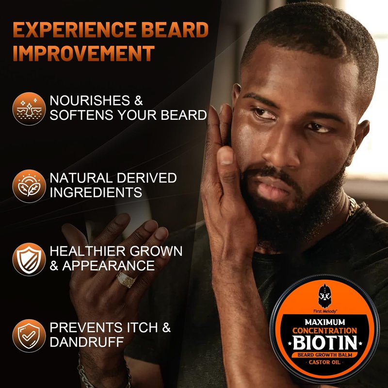First Melody Beard Balm, 2X Concentration Biotin, with Castor Oil and Argan & Jojoba Oils, Promotes Beard Growth, Styles, Strengthens & Softens Beards & Mustaches, 2 Ounce