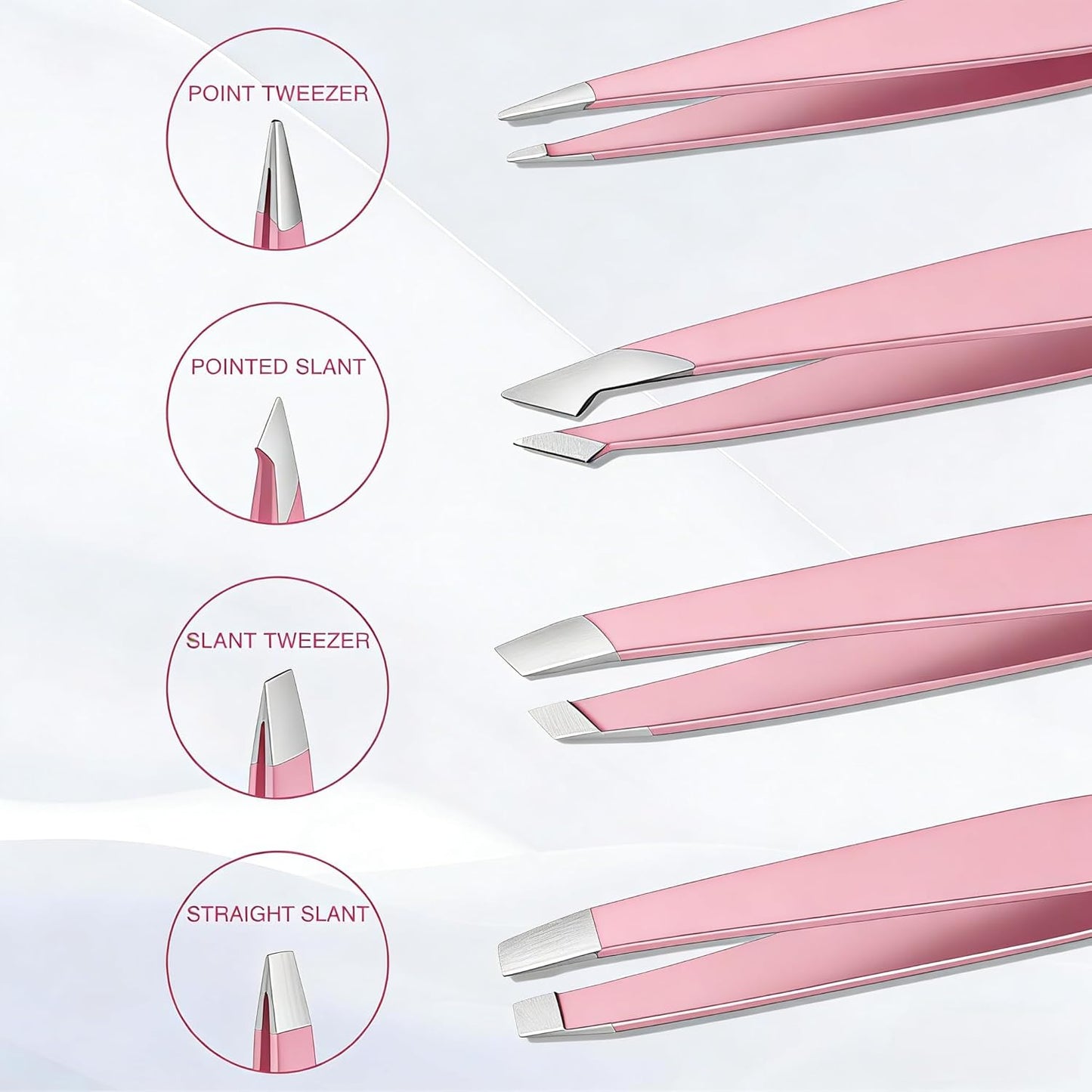 Stainless Steel Pink Tweezers Set - Precision Eyebrow & Facial Hair Removal | Travel Bag Included