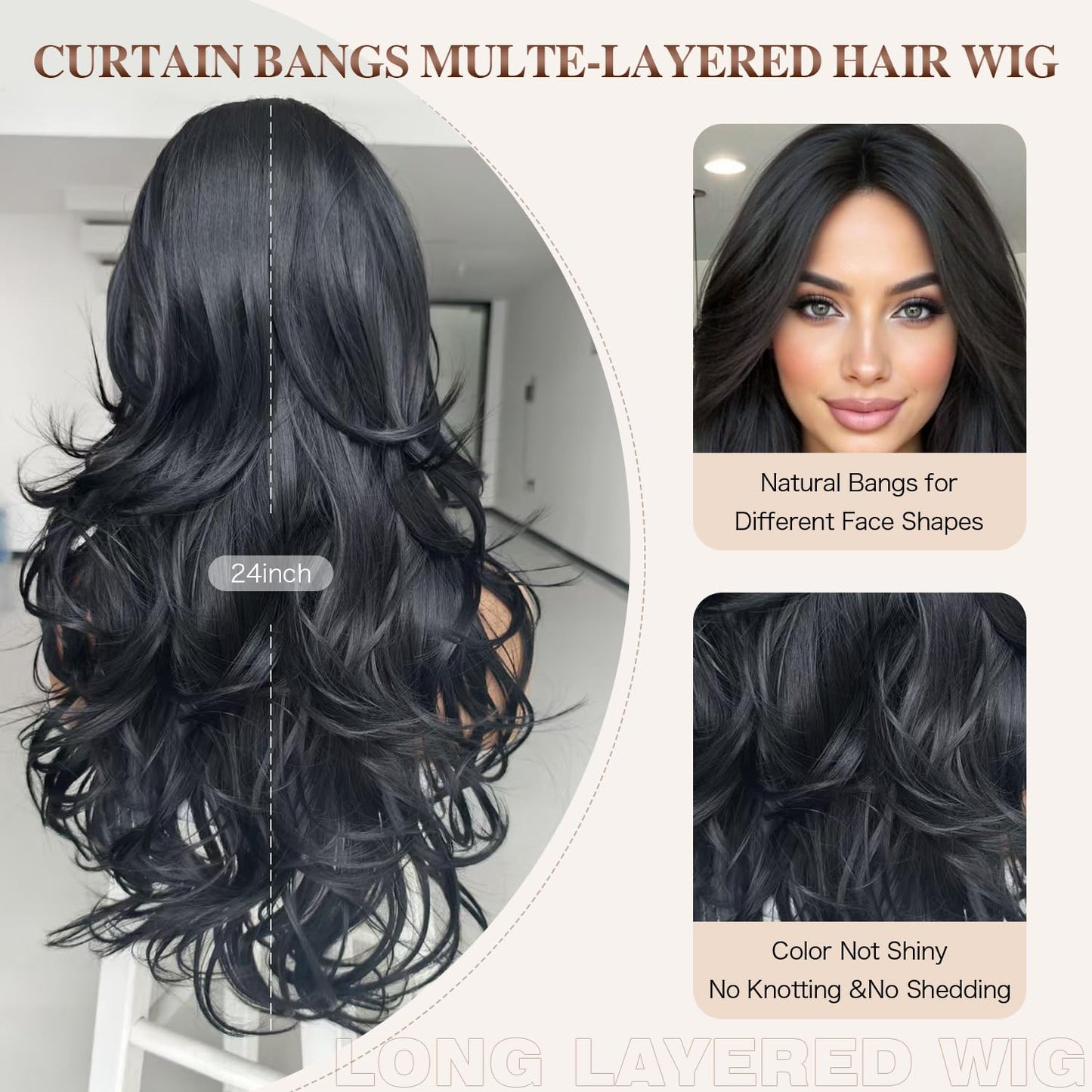 Long Black Wavy Wig for Women - Layered Synthetic Hair with Curtain Bangs | 24-Inch Natural Look
