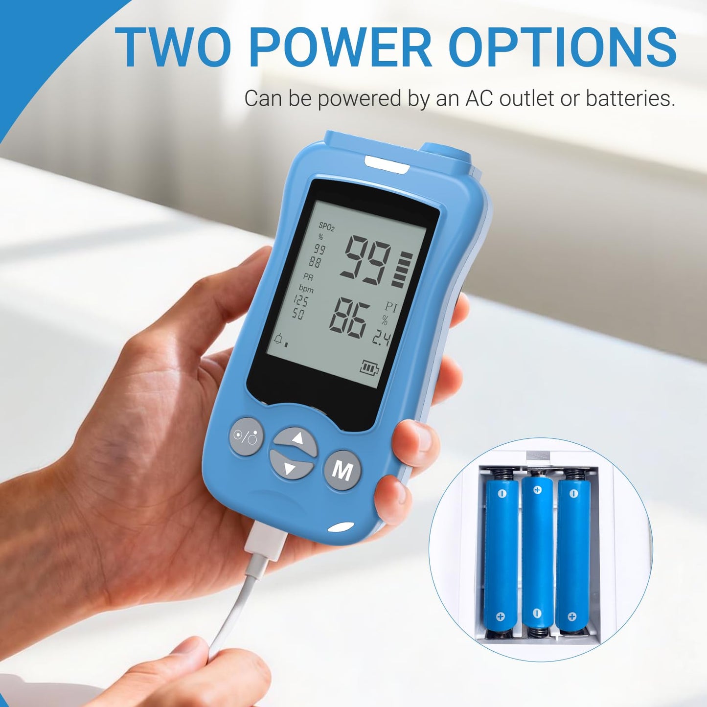 Handheld Fingertip Pulse Oximeter, Medical Grade Pediatric Pulse Oximeter Wrap Probe for Infant Kids Adult, Continuous Pulse Oximeter and Spot Checking, Fast Reading SpO2 Pulse Rate Respiration Rate, Adjustable Audio Visual Alarm (Blue)