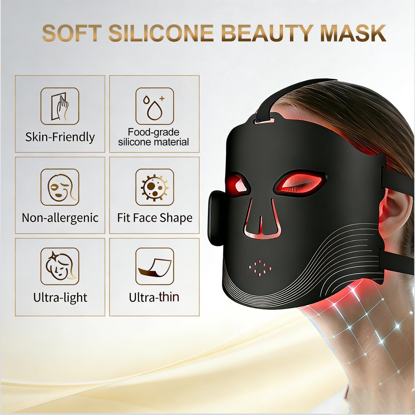 wyzanqal Led Red Light Therapy for Face, 4 Modes Wireless Red Light Therapy Msk with 2000W Detachable Controller, USB-C Rechargeable, Lightweight Soft Silicone Red Mask for Home, Travel