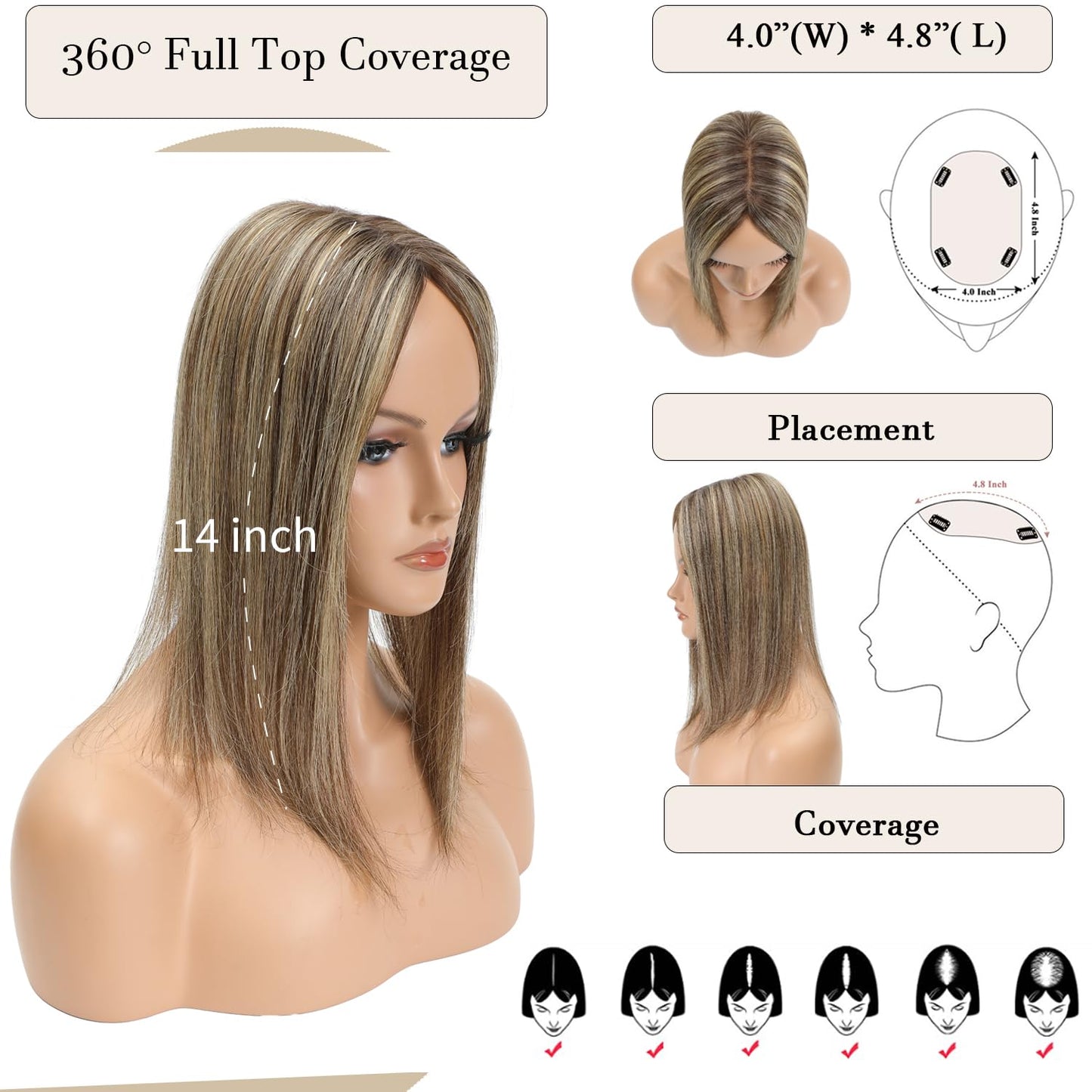 Human Hair Toppers for Women - Medium Brown with Warm Blonde Highlights | 10cm x 12cm