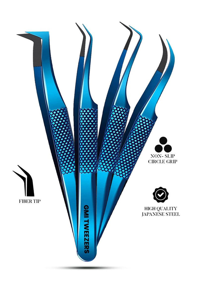 GMI Lash Tweezers – Pack of 4 Stainless Steel Fiber Tip Eyelash Extension Tweezers