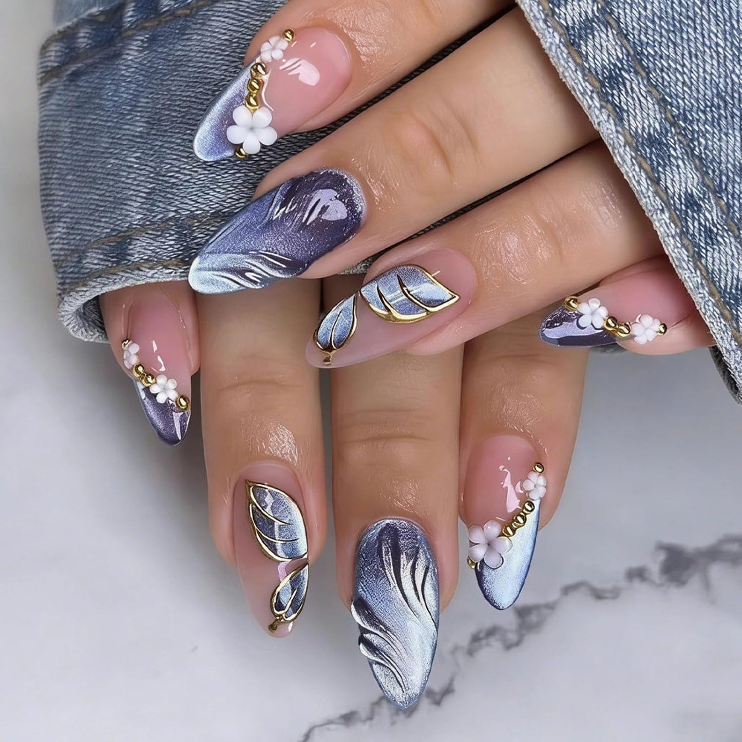 Almond Medium Press-On Nails - Blue Marble Full Cover with Gold Foil | 24 Pcs Glossy Artificial Nail Art for Women