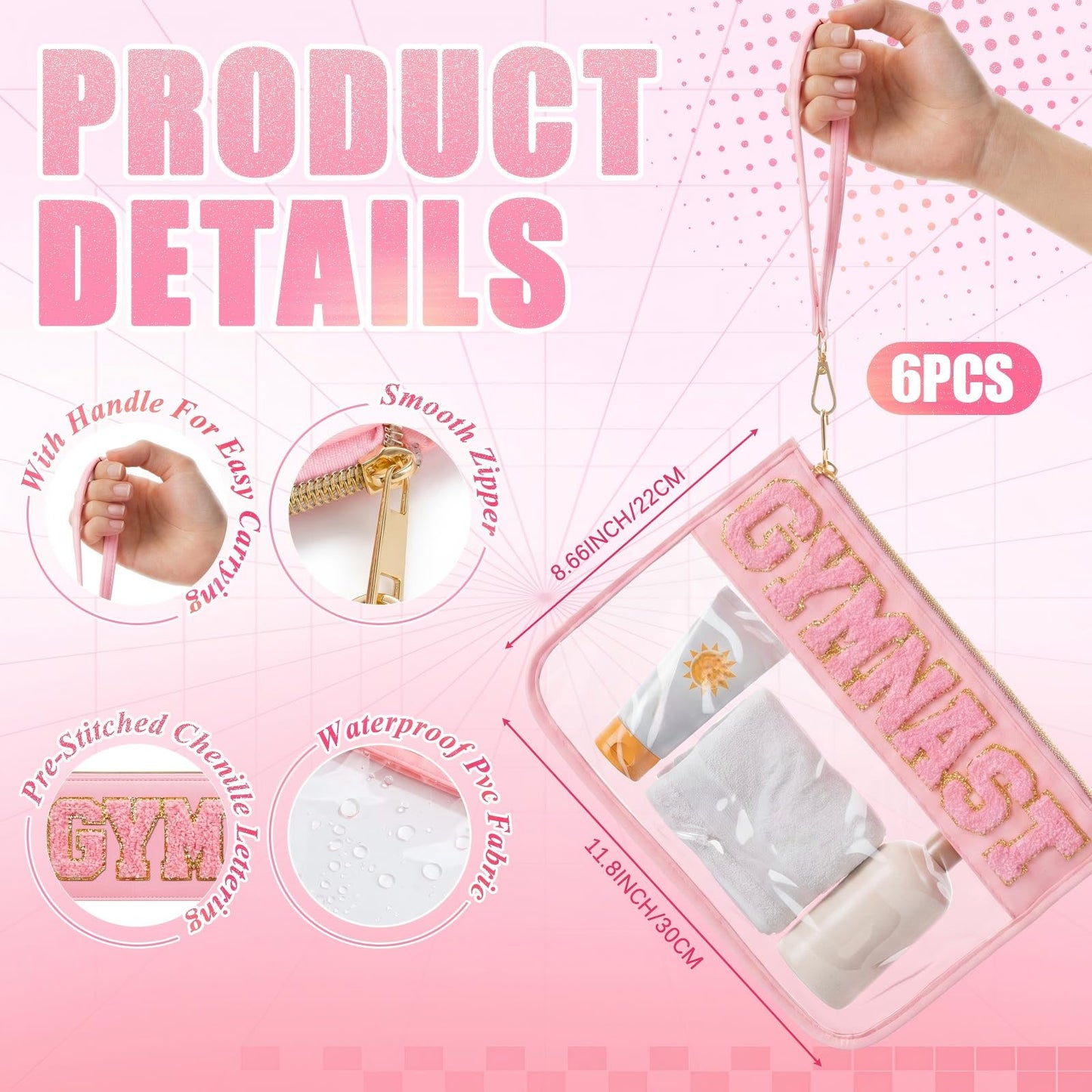Sunnymove 6 Pcs Gymnastics Gifts Cosmetic Makeup Bags, Pink Clear PVC Zipper Pouch with Chenille Letter Patch, Waterproof Travel Toiletry Storage Bag for Team Girls Women Party Favor