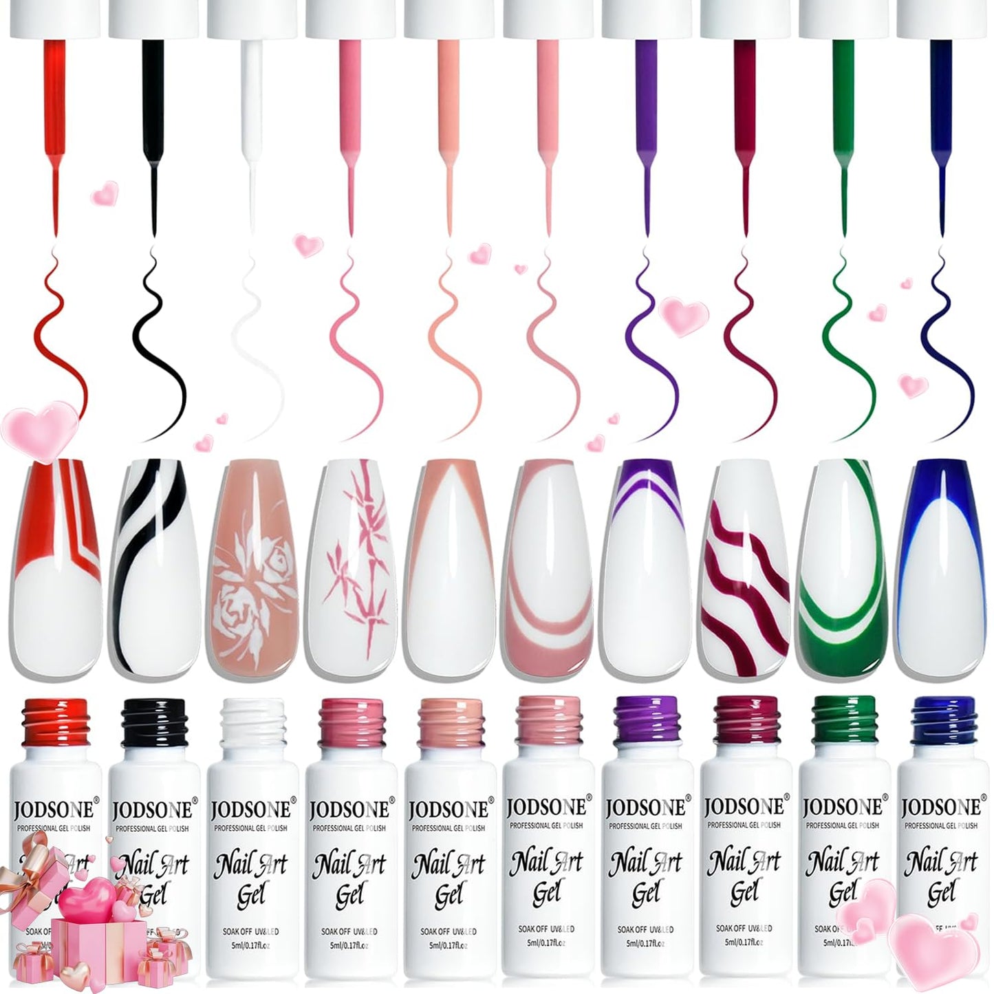 JODSONE 10pcs Nail Art Gel Liner Set,3D Nail Art Pens Effect for Fine Lines,Thin Brush Detail Polish,DIY Painted Nails at Home Salon,Liner Gel Nail Polish for Girls & Women