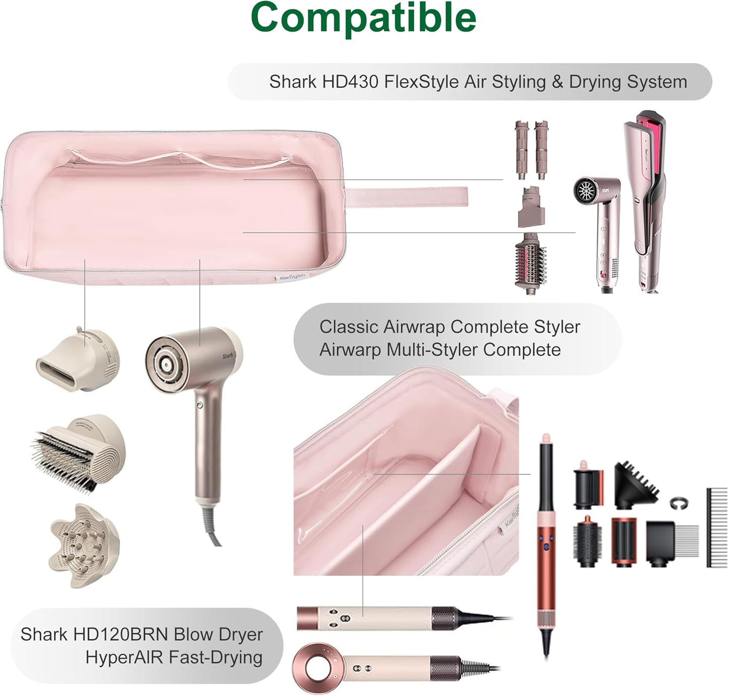 Dyson Airwrap Travel Bag Organizer - Stylish Pink Case for Hair Tools & Accessories | Fits Shark Hair Dryer & Revlon Attachments