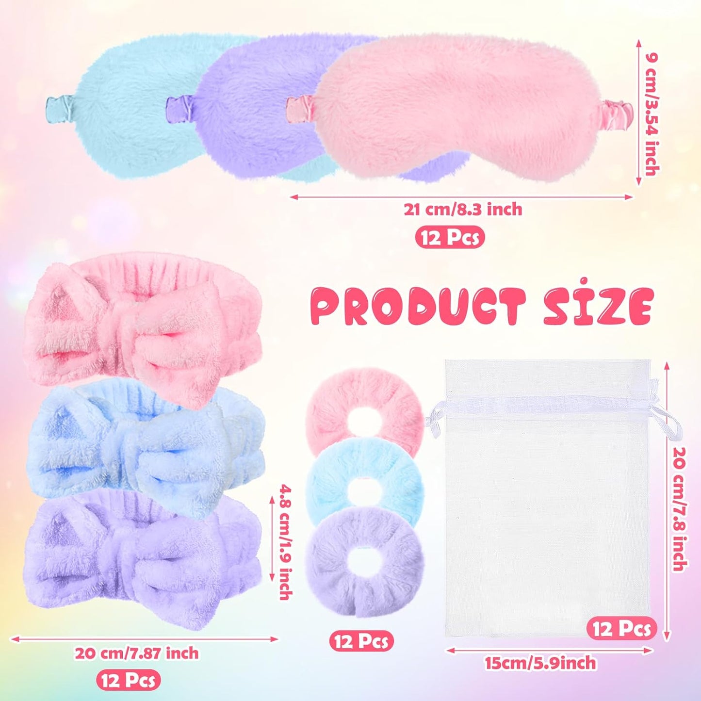 Mimorou Spa Party Supplies Set - 48 Pieces with Headbands, Eye Masks & Scrunchies | Pink, Blue, Purple