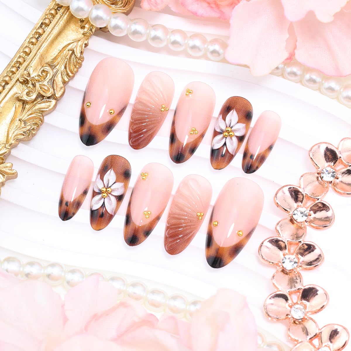 Short Almond Press-On Nails - 24 Pcs French Tip with Leopard Print & Gold Beads | Reusable Acrylic Nail Designs for Women