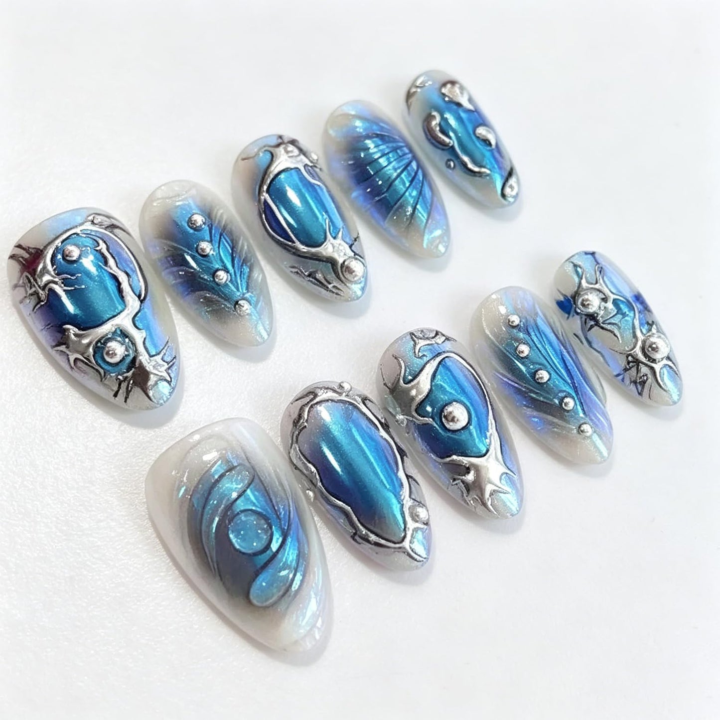 French Tip Press-On Nails - 30pcs Medium Almond Acrylic with 3D Flower & Pearl Design | Reusable Summer Nail Art