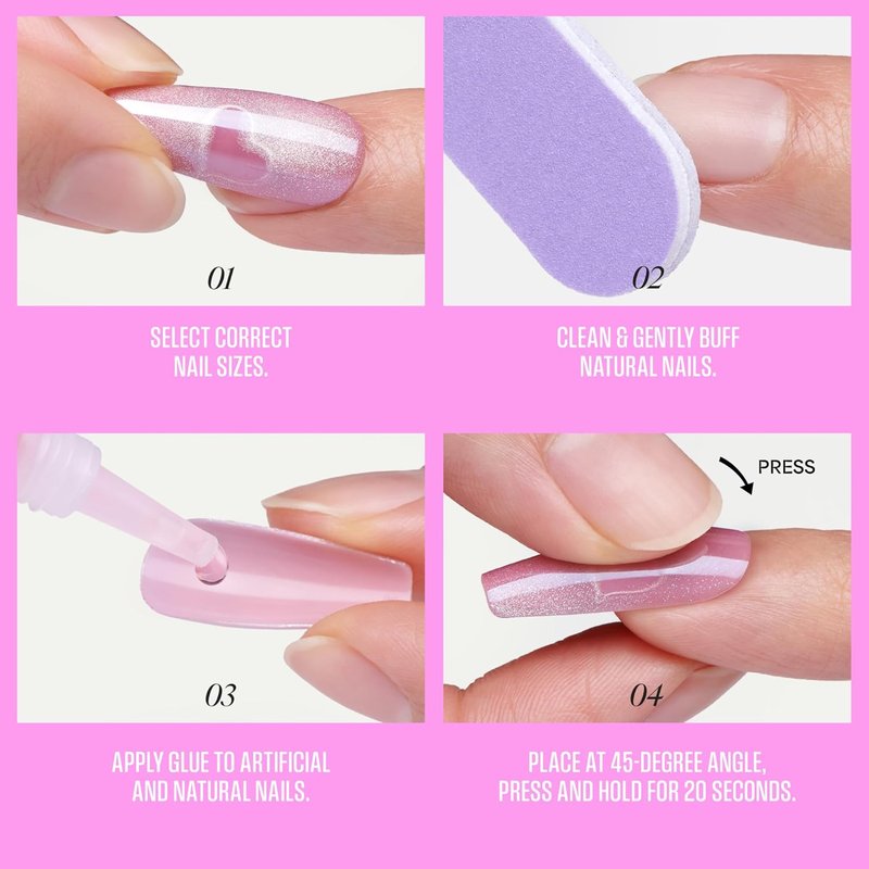 Kiss Glam Press On Nails - Pink Short Round Shape | 32 Nails, Glue & Manicure Kit Included