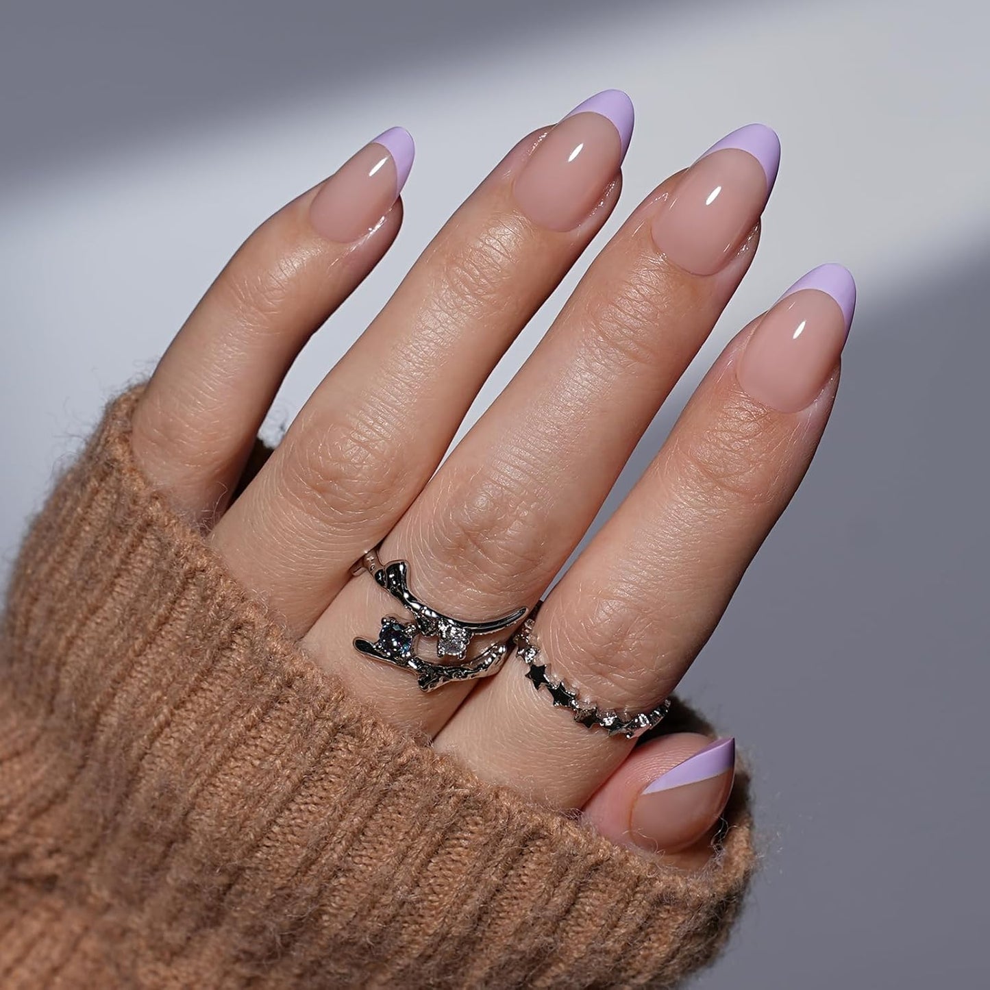 Purple French Tip Press On Nails - Reusable Short Almond Lavender Nails | 32 PCS in 16 Sizes with Glue & Adhesive Tabs