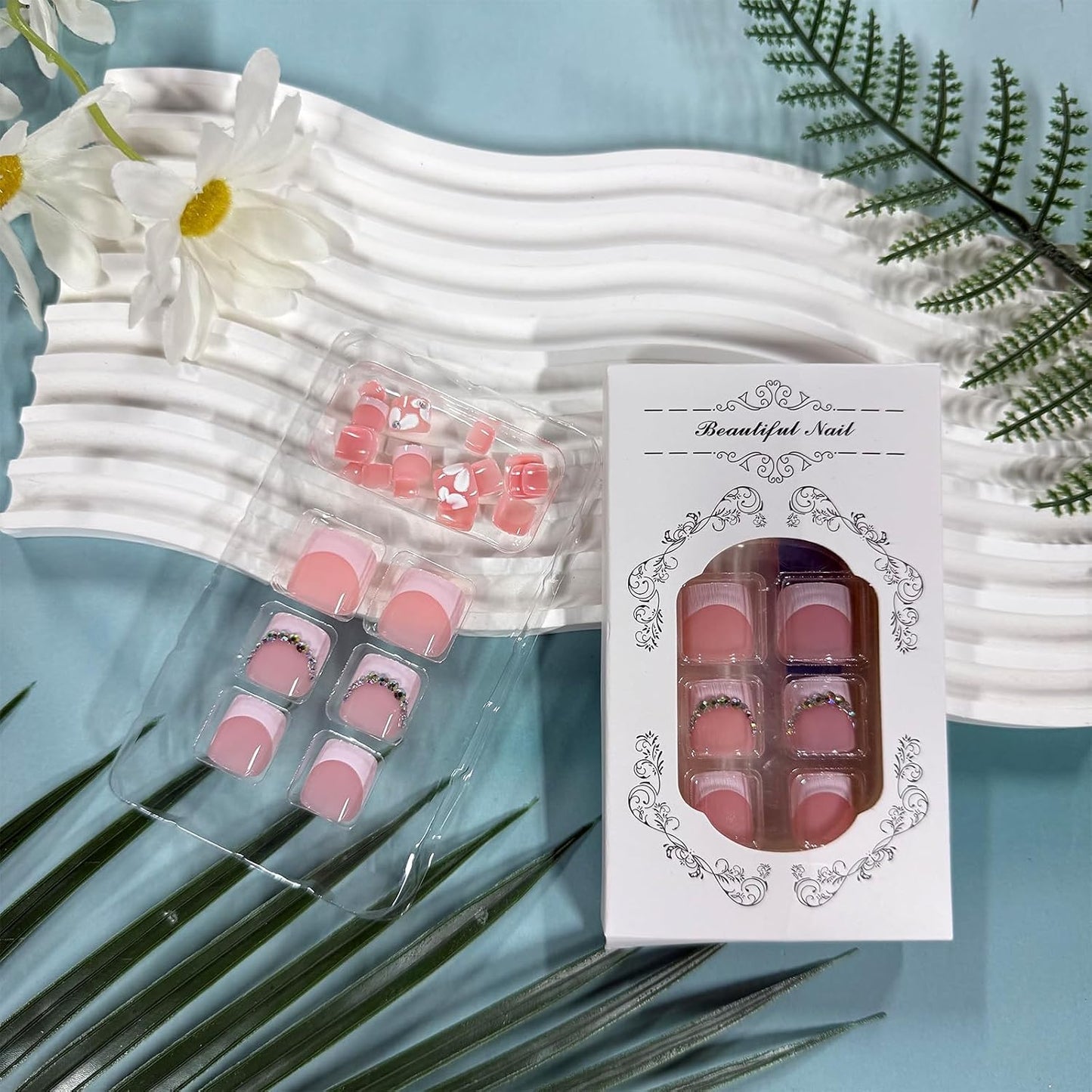 French Tip Press-On Toenails - Short Square Acrylic Nails with 3D Flower & Rhinestones | 24 Pcs Glossy Pink Set