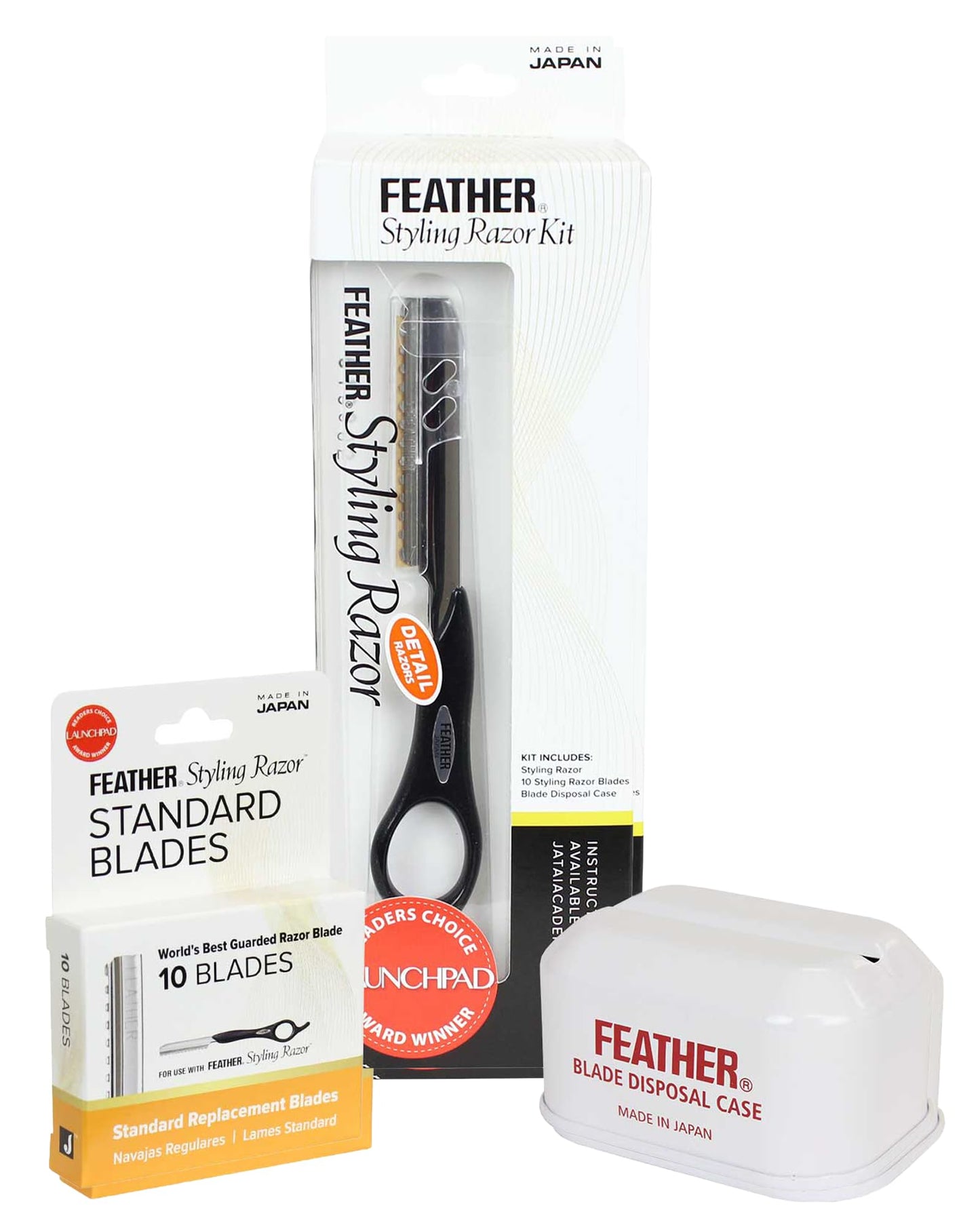 Feather - Detail Razor Standard Kit – Ergonomic 6 1/4 inch Black Razor Handle 10 Guarded Replacement Blades & Metal Disposable Case – Hair Cutting and Grooming – Japanese Stainless Steel