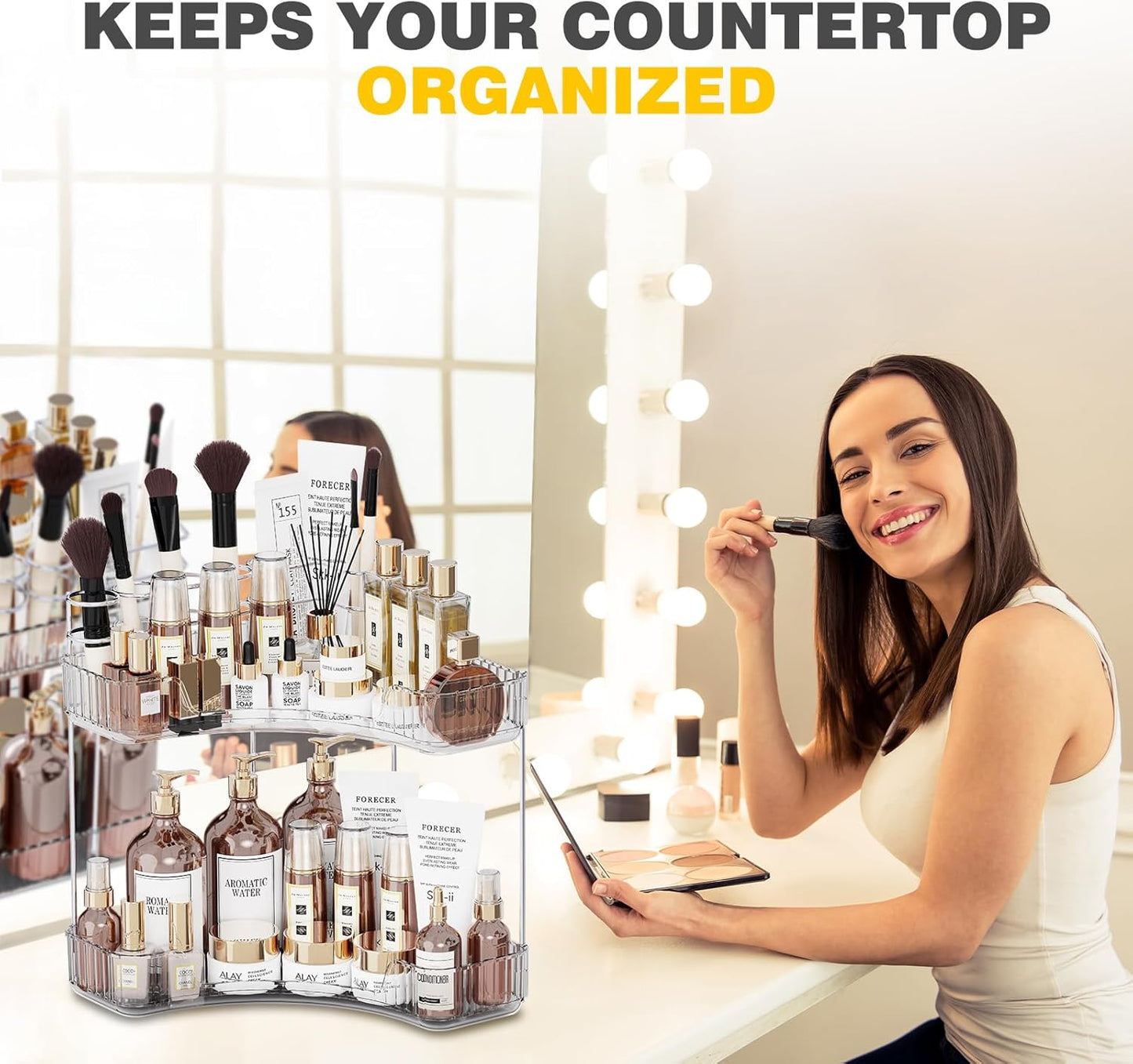 2-Tier Corner Bathroom Counter Organizer - Clear Makeup & Skincare Holder | Toothbrush & Brush Storage
